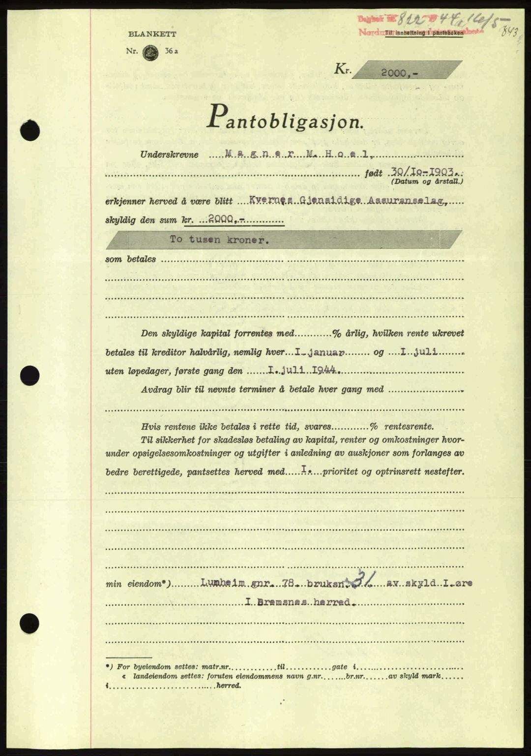 Nordmøre sorenskriveri, AV/SAT-A-4132/1/2/2Ca: Pantebok nr. B91, 1943-1944, Dagboknr: 822/1944