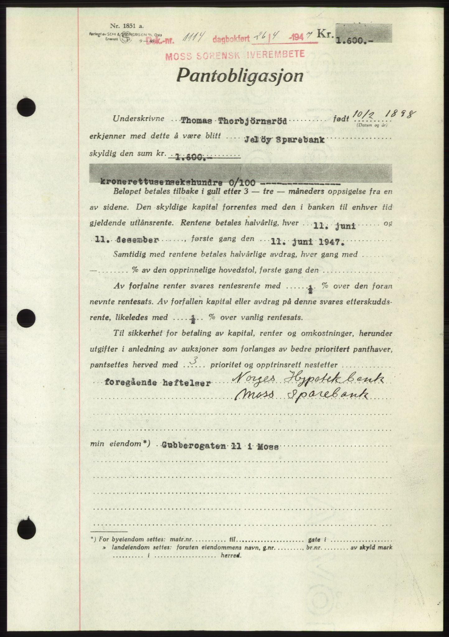 Moss sorenskriveri, SAO/A-10168: Pantebok nr. B17, 1947-1947, Dagboknr: 1114/1947