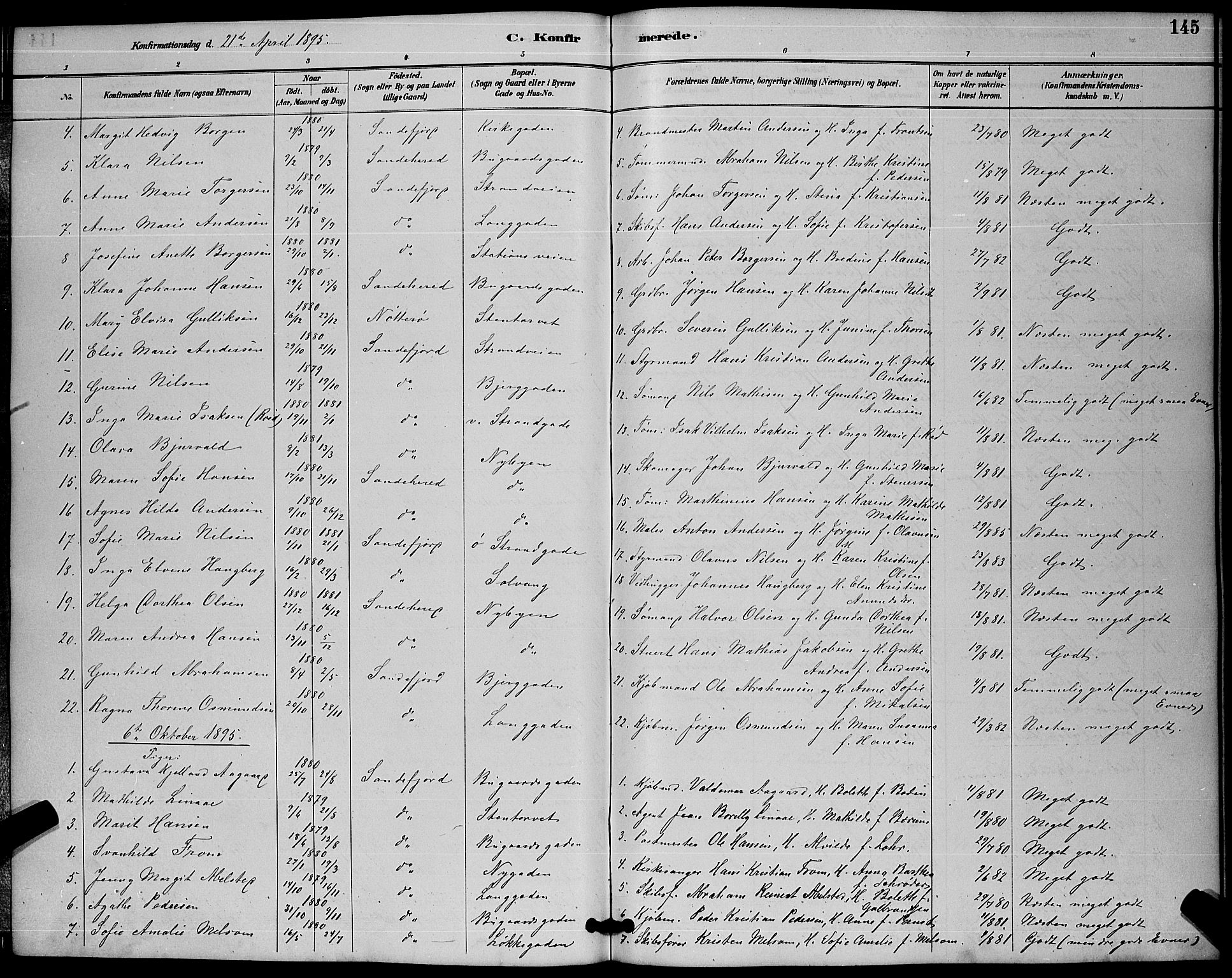 Sandefjord kirkebøker, AV/SAKO-A-315/G/Ga/L0001: Klokkerbok nr. 1, 1885-1903, s. 145