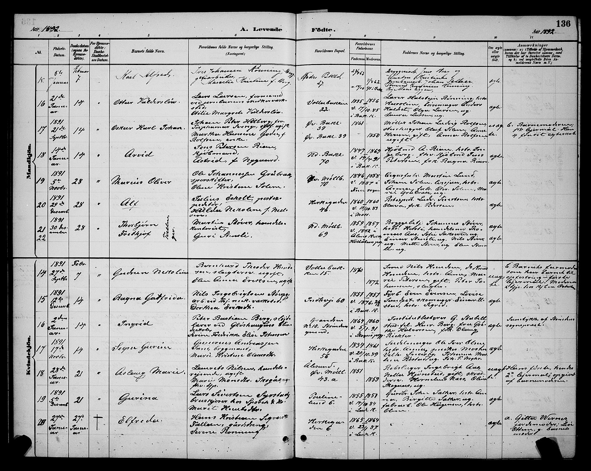 Ministerialprotokoller, klokkerbøker og fødselsregistre - Sør-Trøndelag, SAT/A-1456/604/L0222: Klokkerbok nr. 604C05, 1886-1895, s. 136