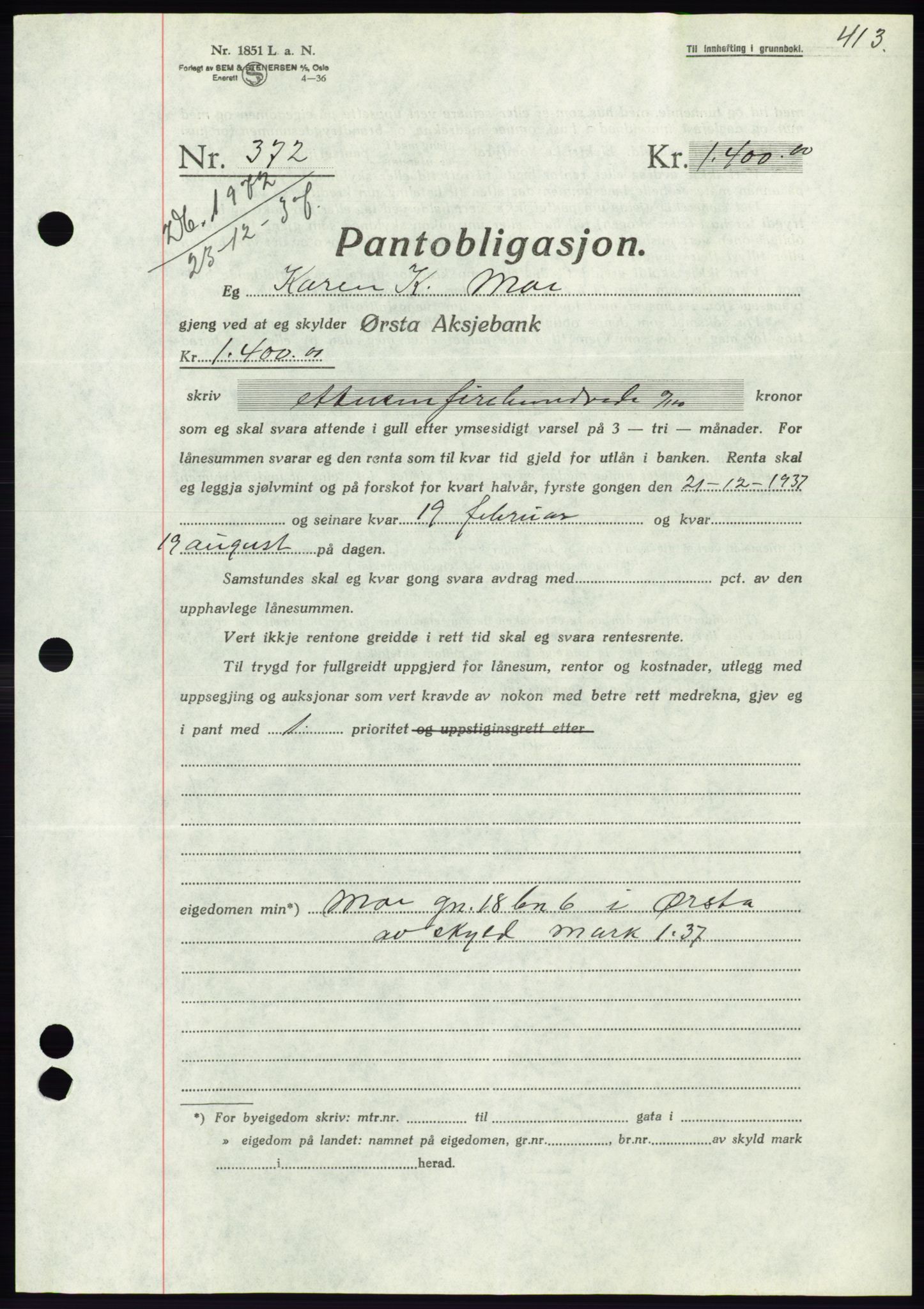 Søre Sunnmøre sorenskriveri, AV/SAT-A-4122/1/2/2C/L0064: Pantebok nr. 58, 1937-1938, Dagboknr: 1972/1937