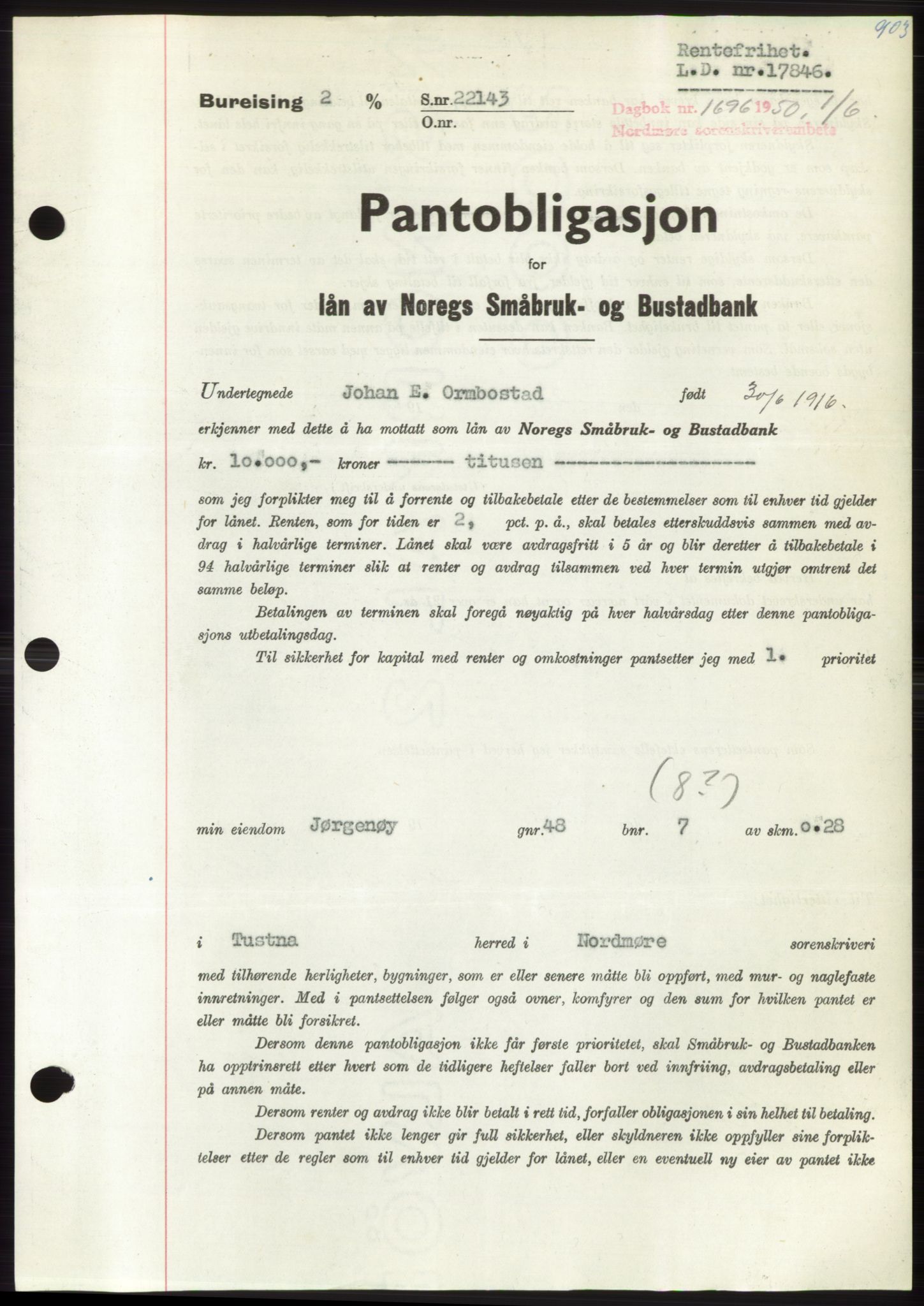 Nordmøre sorenskriveri, SAT/A-4132/1/2/2Ca: Pantebok nr. B104, 1950-1950, Dagboknr: 1696/1950
