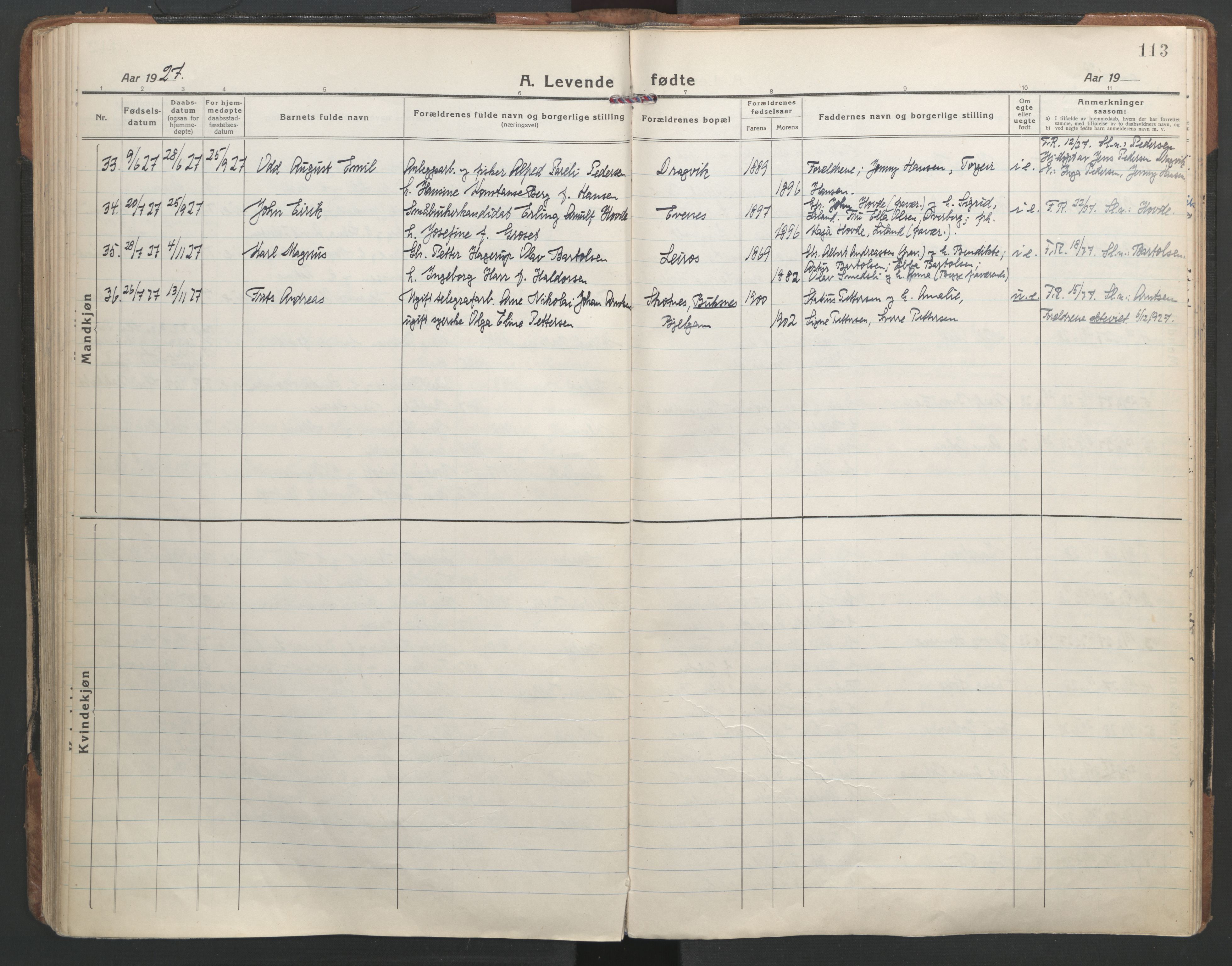 Ministerialprotokoller, klokkerbøker og fødselsregistre - Nordland, AV/SAT-A-1459/863/L0904: Ministerialbok nr. 863A16, 1915-1937, s. 113