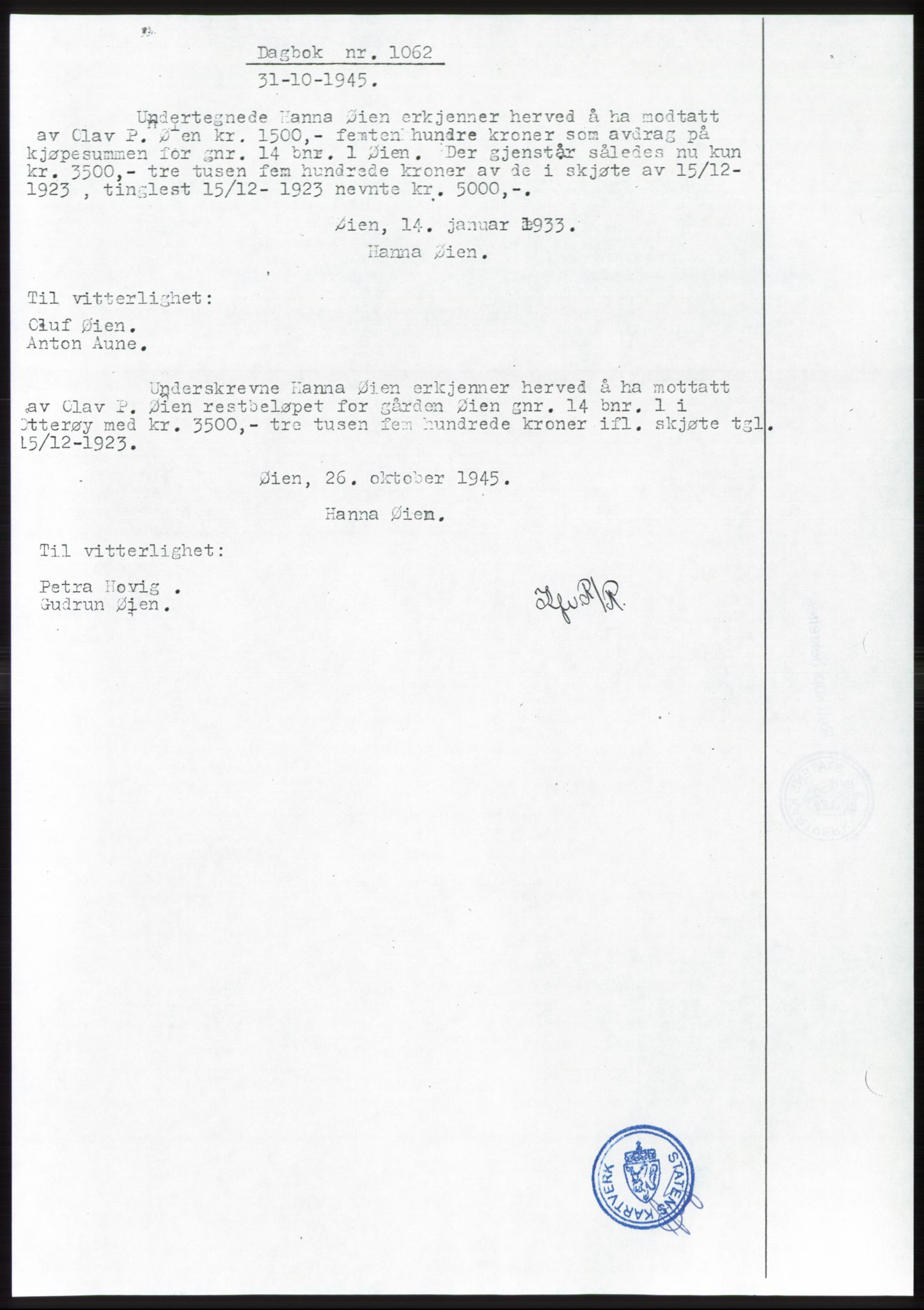 Namdal sorenskriveri, SAT/A-4133/1/2/2C: Pantebok nr. -, 1944-1945, Dagboknr: 1062/1945