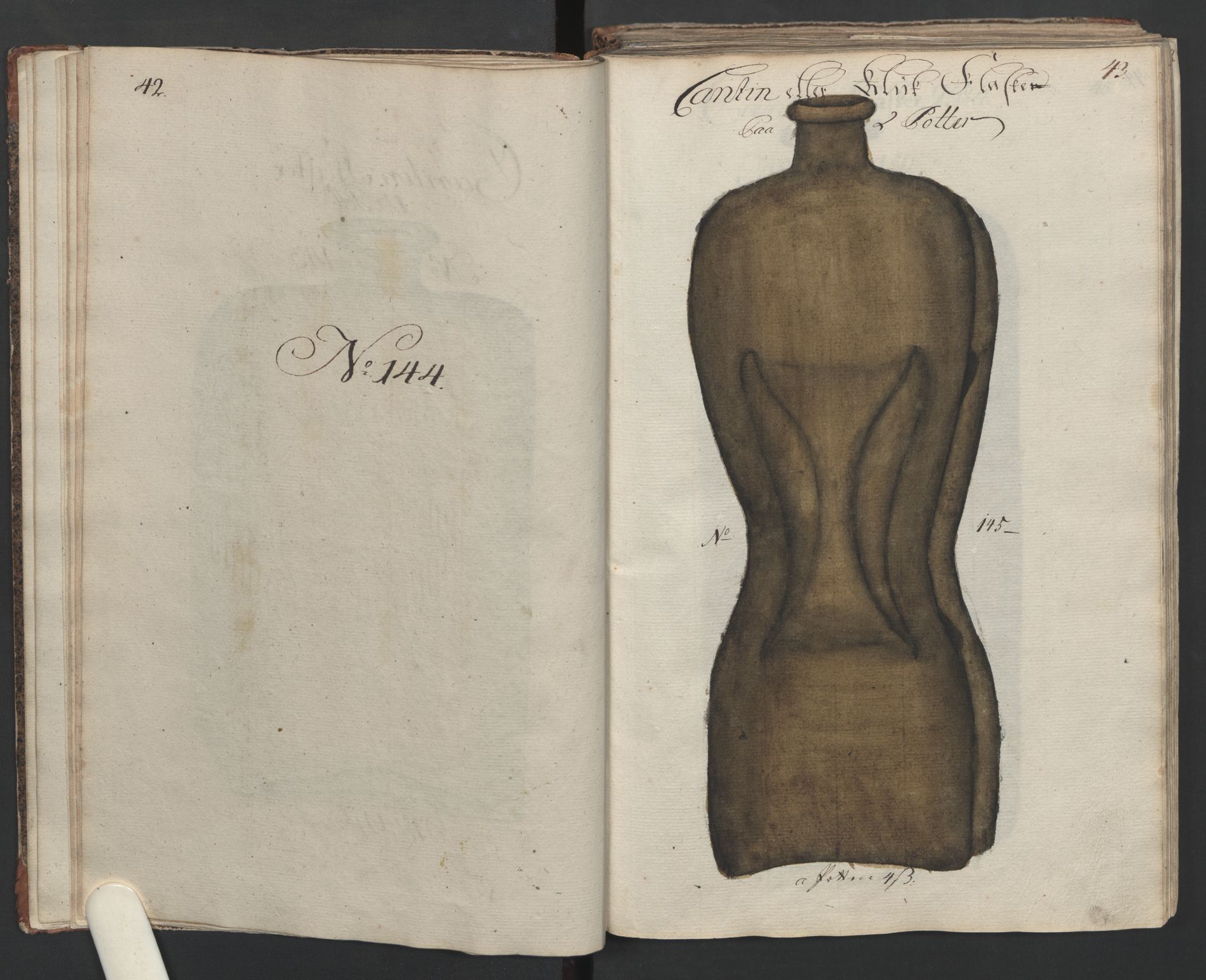 Glassverk, samlinger, AV/RA-PA-0001/F/Fa/L0036: Modellbok for Nøstetangens og Aas' produkter med prisangivelse,, 1763, s. 42-43