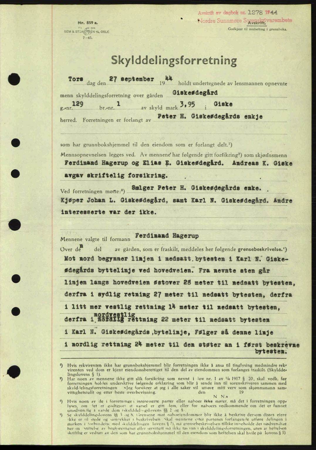 Nordre Sunnmøre sorenskriveri, SAT/A-0006/1/2/2C/2Ca: Pantebok nr. A18, 1944-1944, Dagboknr: 1278/1944
