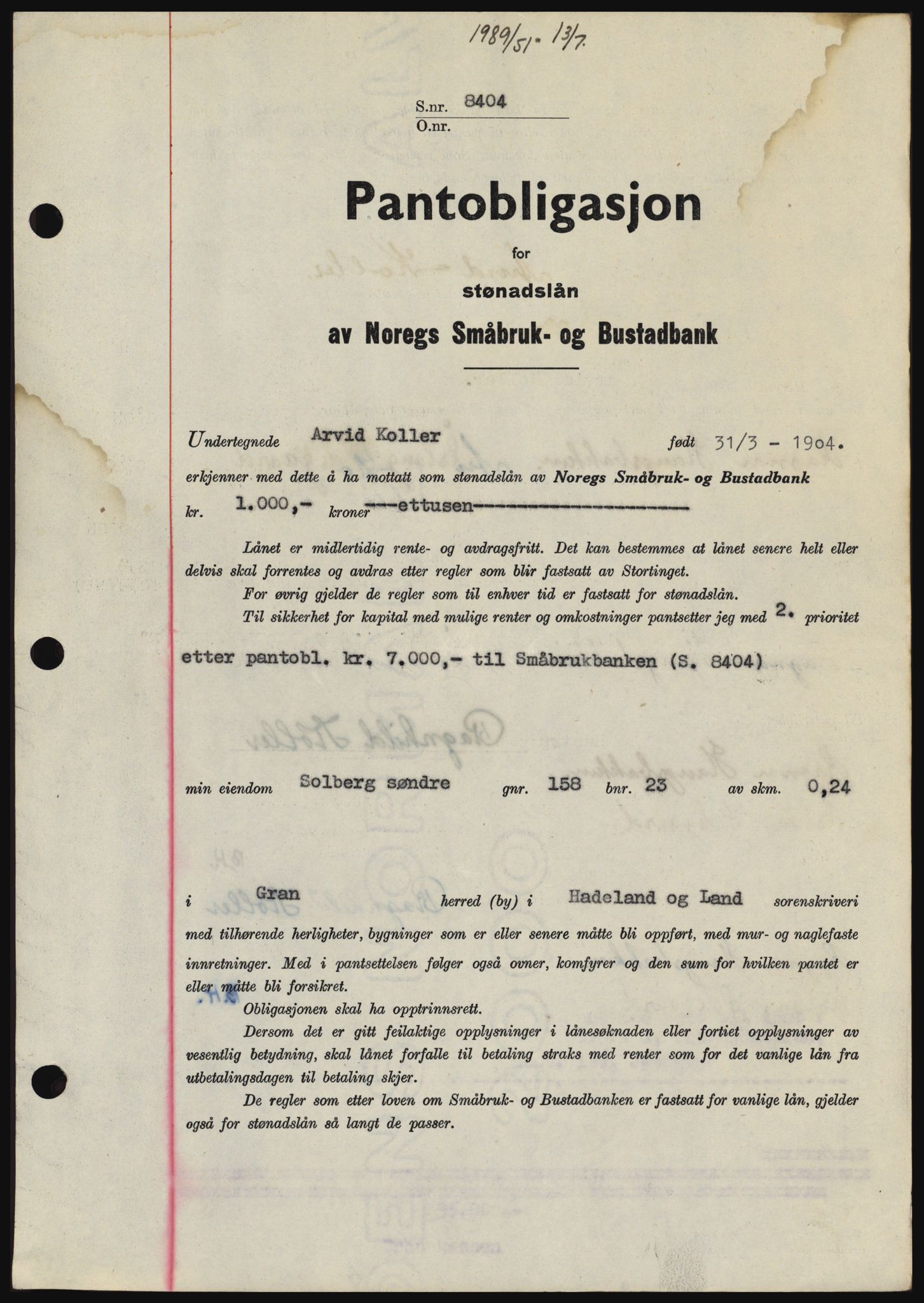 Hadeland og Land tingrett, SAH/TING-010/H/Hb/Hbc/L0021: Pantebok nr. B21, 1951-1951, Dagboknr: 1989/1951