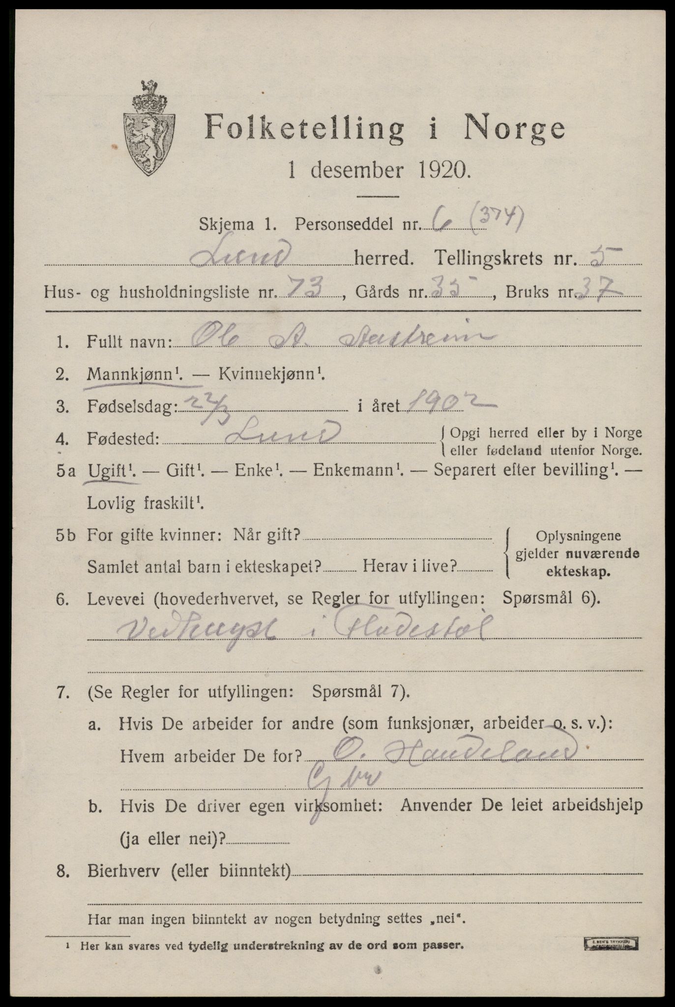 SAST, Folketelling 1920 for 1112 Lund herred, 1920, s. 3872