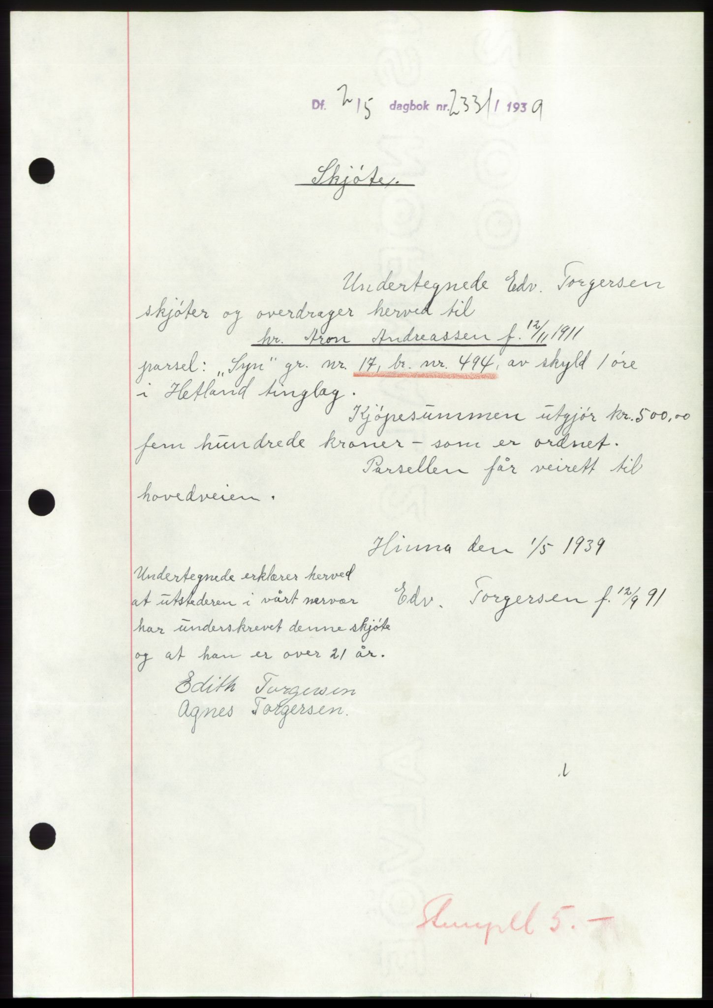 Jæren sorenskriveri, SAST/A-100310/03/G/Gba/L0074: Pantebok, 1939-1939, Dagboknr: 2331/1939