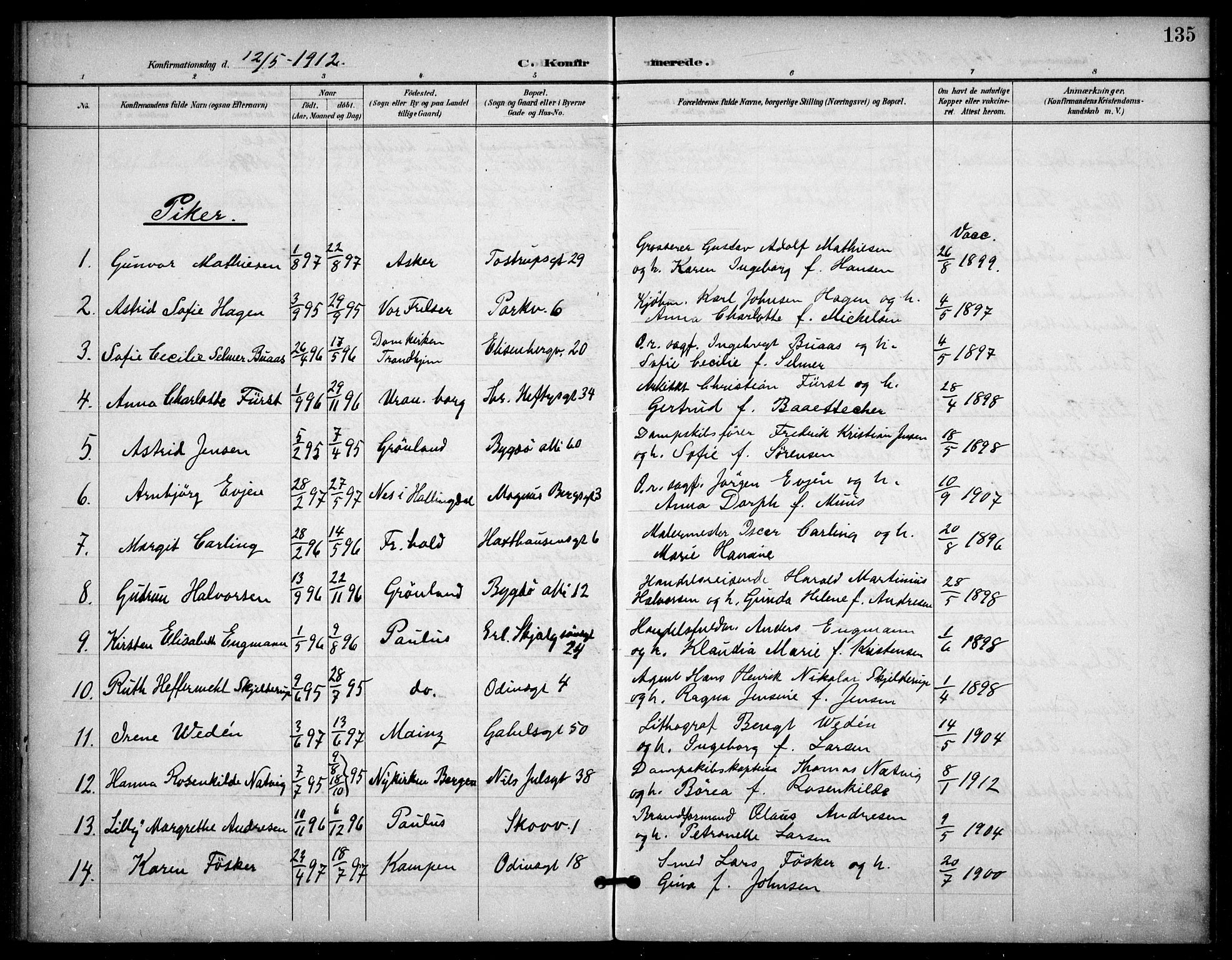 Frogner prestekontor Kirkebøker, AV/SAO-A-10886/F/Fa/L0001: Ministerialbok nr. 1, 1898-1916, s. 135