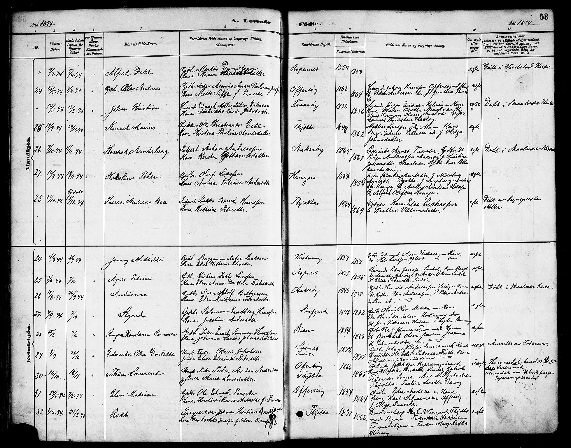 Ministerialprotokoller, klokkerbøker og fødselsregistre - Nordland, AV/SAT-A-1459/817/L0268: Klokkerbok nr. 817C03, 1884-1920, s. 53