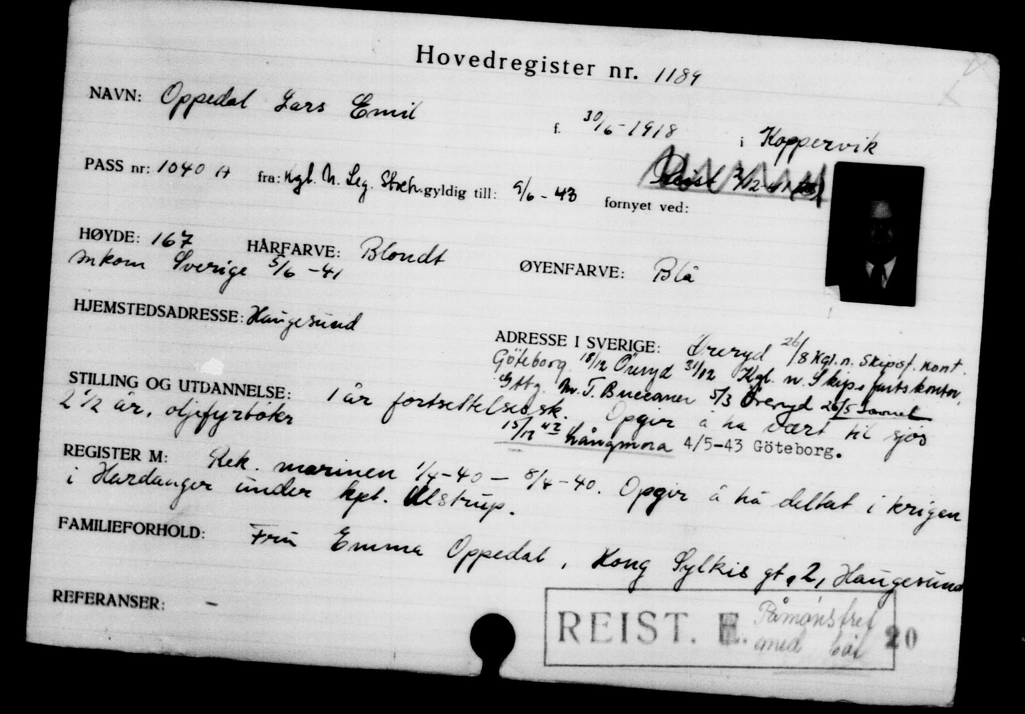 Utenriksstasjonene, Legasjonen i Stockholm, Flyktningkontoret, AV/RA-S-6753/V/Va/L0002: Kjesäterkartoteket, flyktninger med registreringsnr. 1001-2000, 1940-1945, s. 286