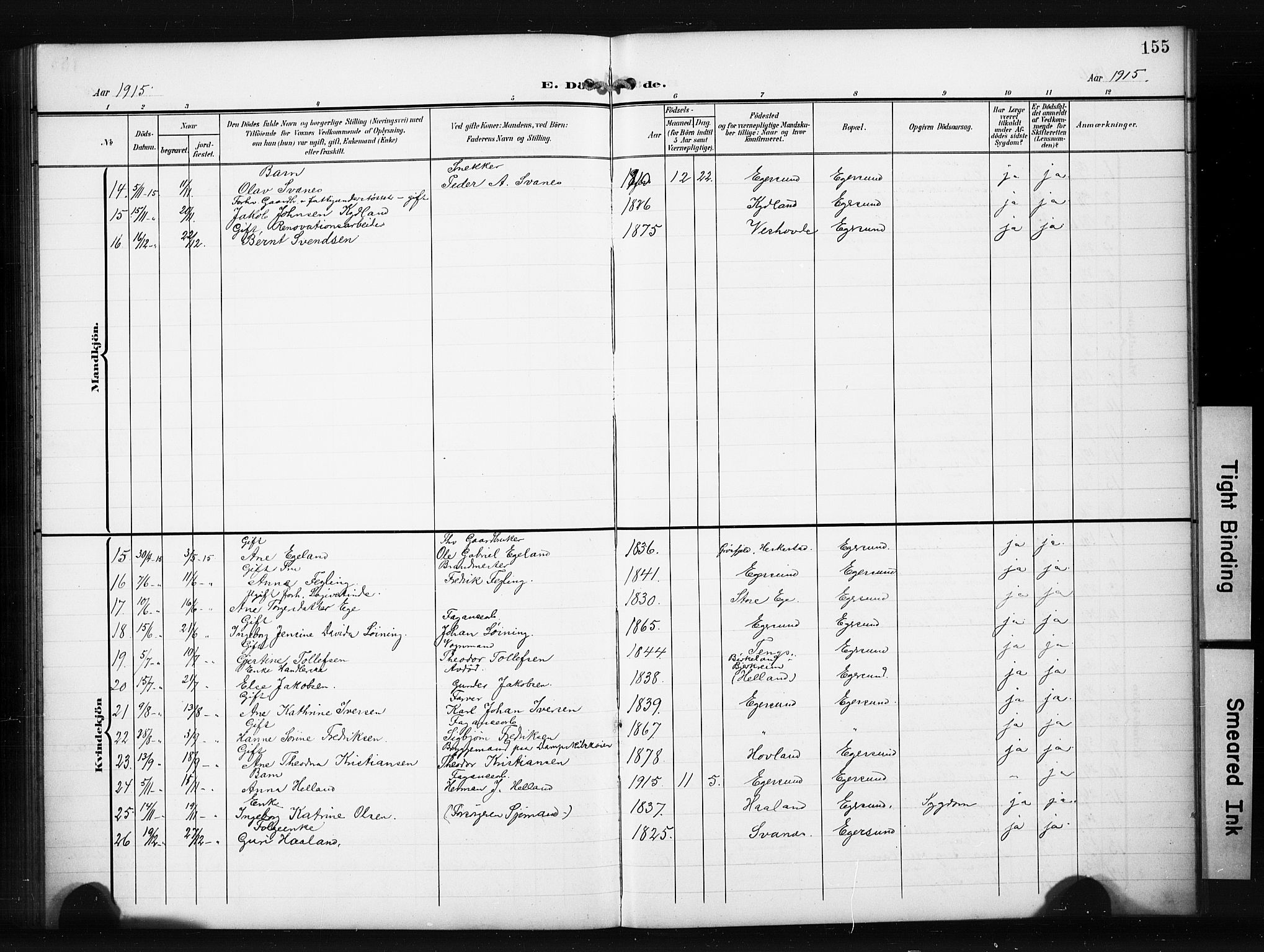 Eigersund sokneprestkontor, AV/SAST-A-101807/001/30/30BB/L0012: Klokkerbok nr. B 12, 1908-1930, s. 155