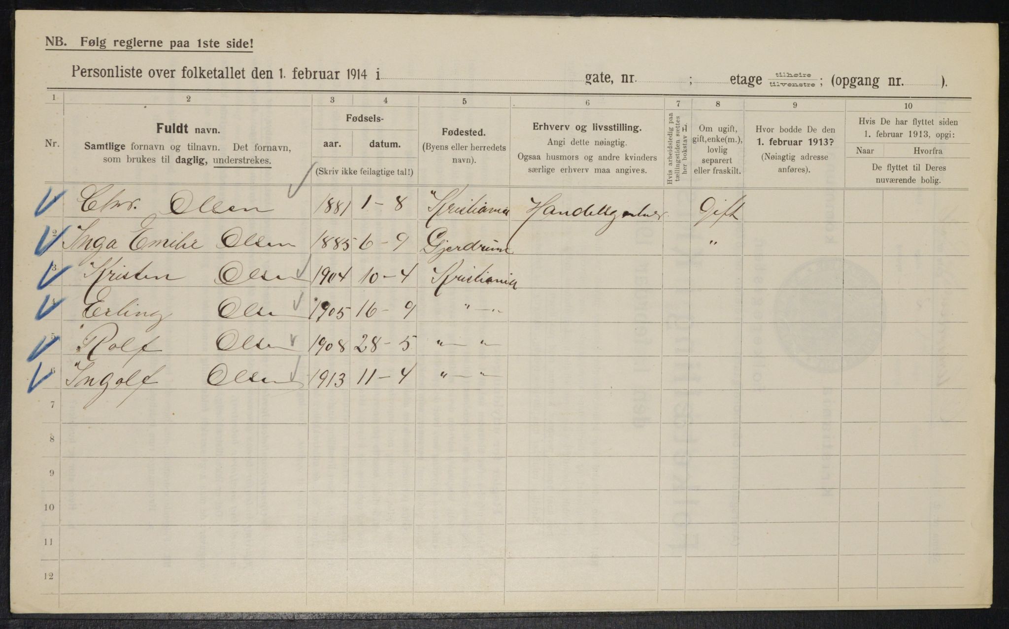 OBA, Kommunal folketelling 1.2.1914 for Kristiania, 1914, s. 129916