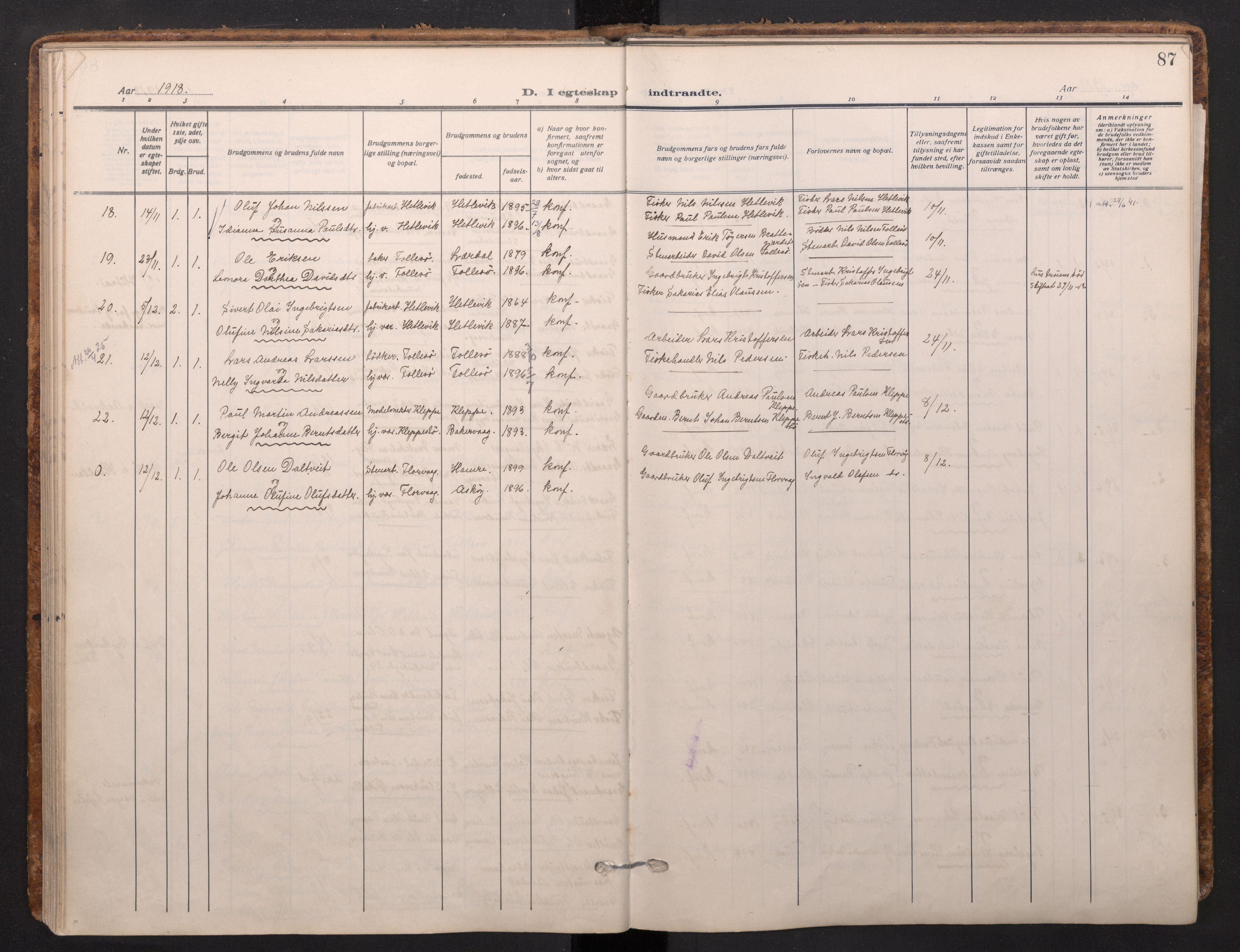 Askøy Sokneprestembete, AV/SAB-A-74101/H/Ha/Haa/Haad/L0002: Ministerialbok nr. D 2, 1915-1935, s. 87