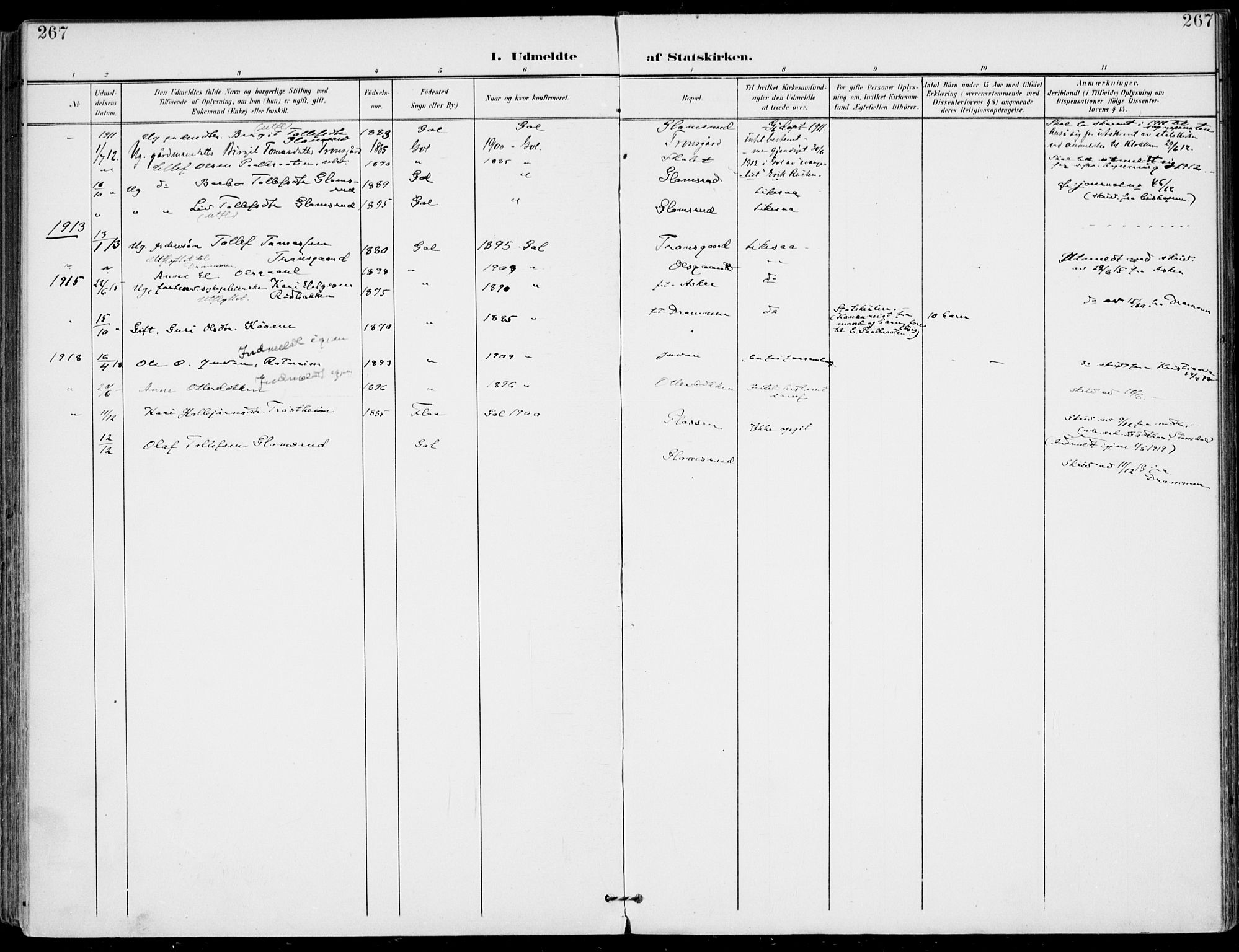 Gol kirkebøker, SAKO/A-226/F/Fa/L0006: Ministerialbok nr. I 6, 1901-1918, s. 267