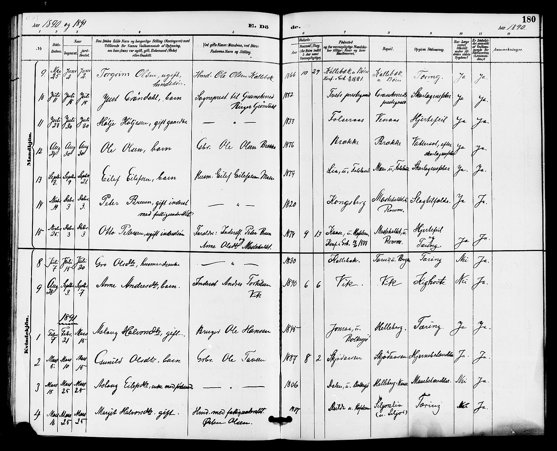 Gransherad kirkebøker, AV/SAKO-A-267/G/Ga/L0003: Klokkerbok nr. I 3, 1887-1915, s. 180