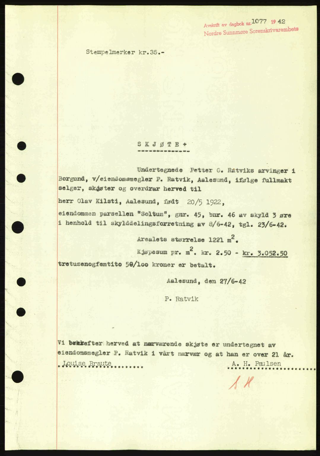 Nordre Sunnmøre sorenskriveri, SAT/A-0006/1/2/2C/2Ca: Pantebok nr. A14, 1942-1942, Dagboknr: 1077/1942