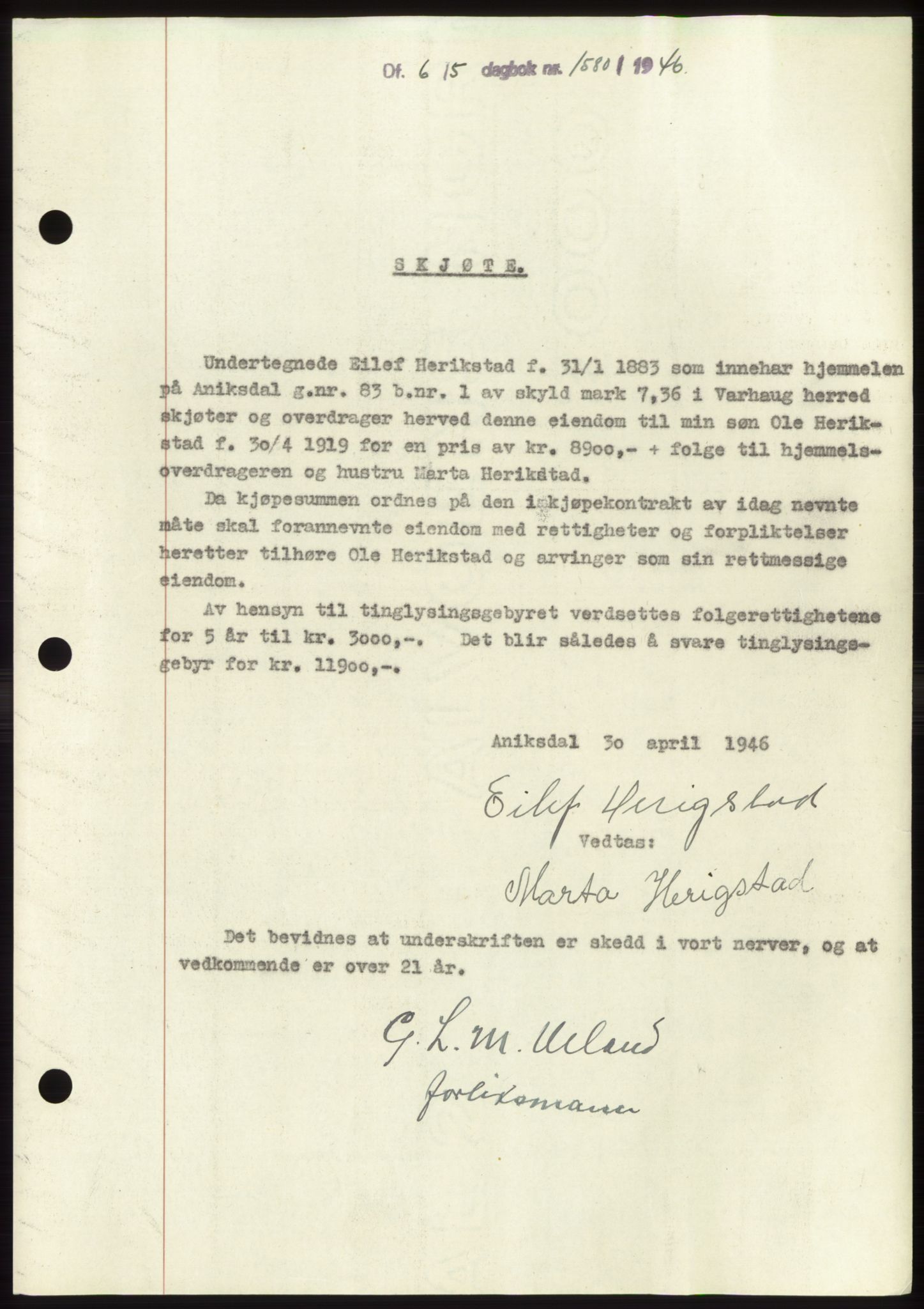 Jæren sorenskriveri, SAST/A-100310/03/G/Gba/L0090: Pantebok, 1946-1946, Dagboknr: 1580/1946