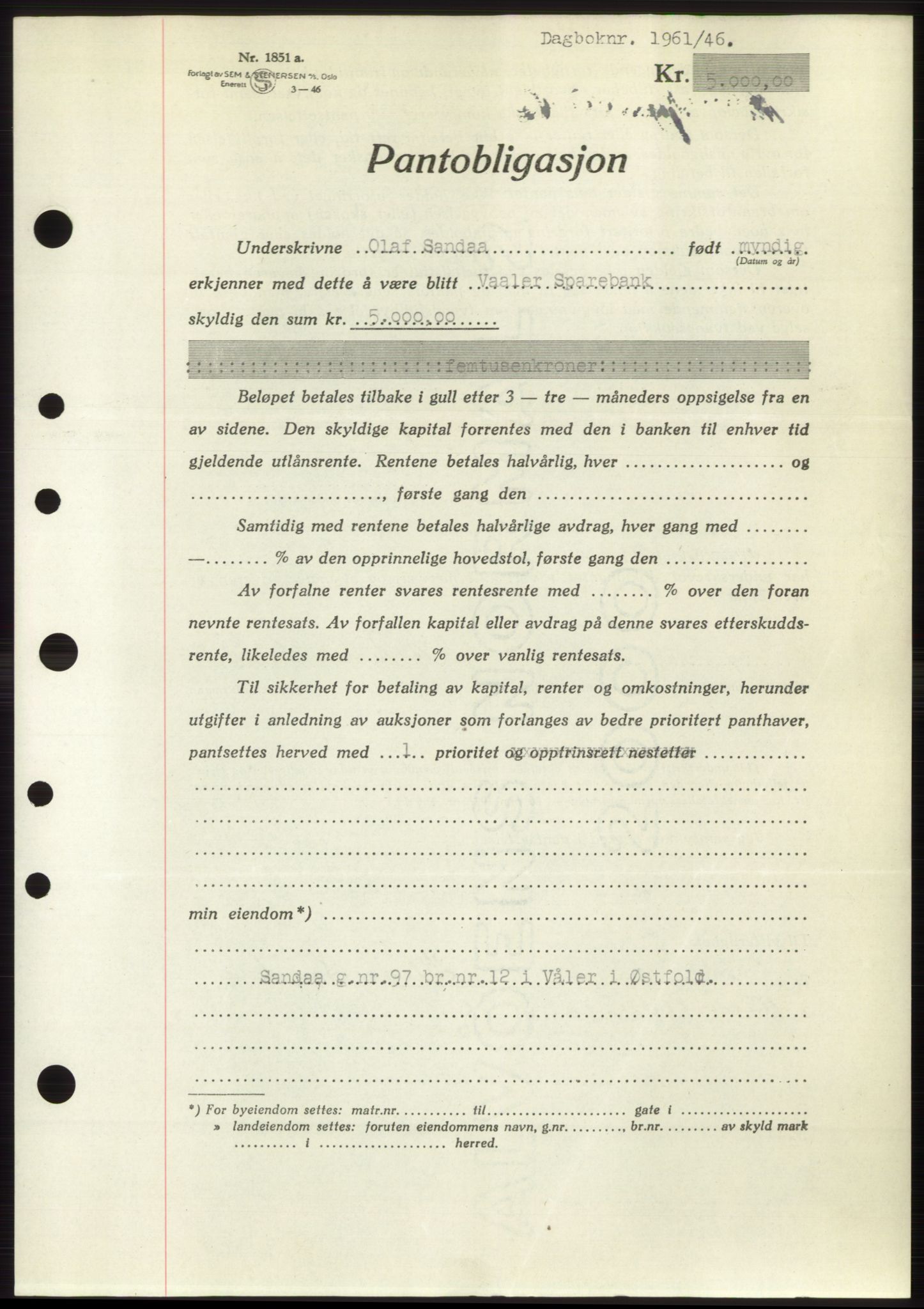 Moss sorenskriveri, SAO/A-10168: Pantebok nr. B15, 1946-1946, Dagboknr: 1961/1946