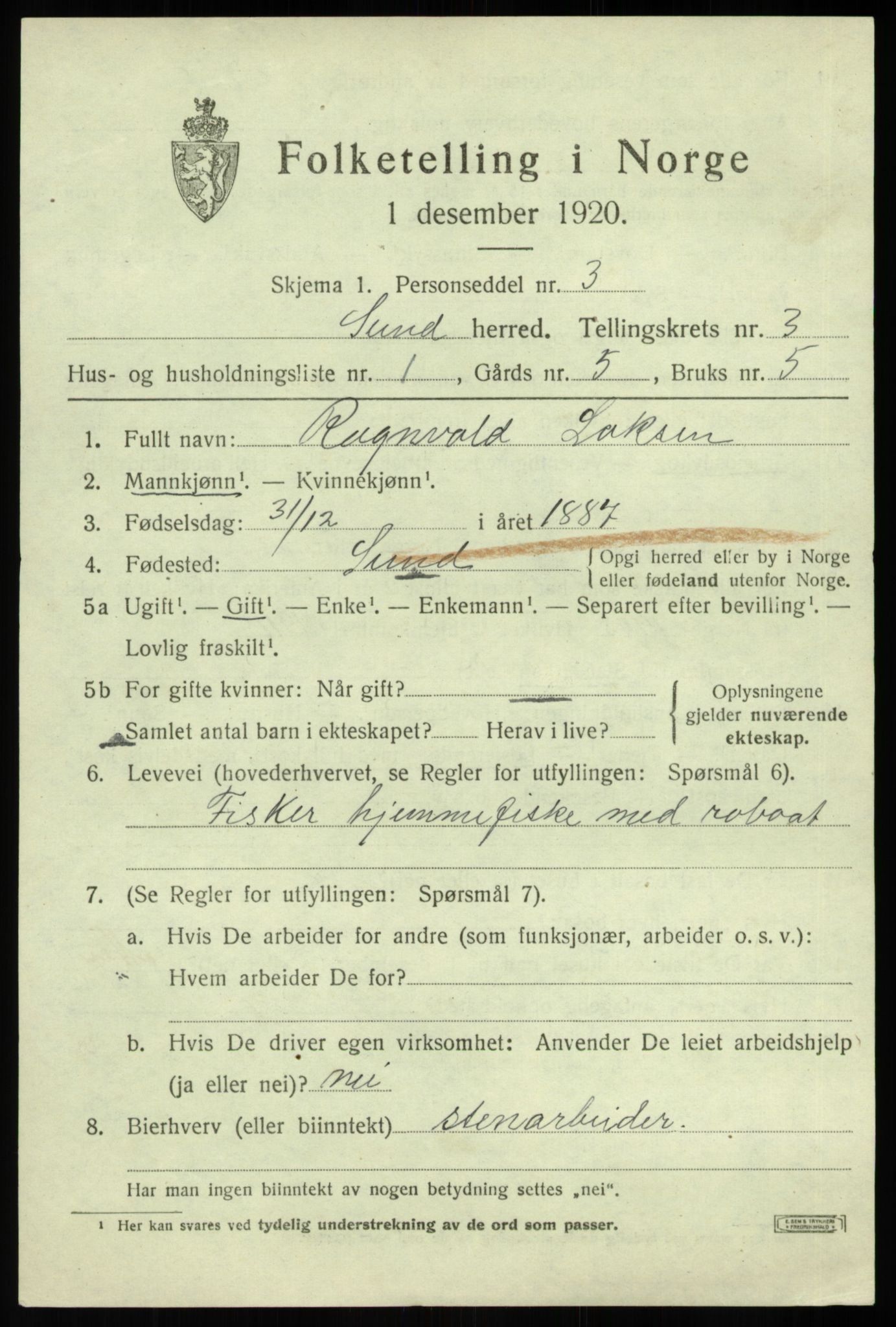 SAB, Folketelling 1920 for 1245 Sund herred, 1920, s. 1827