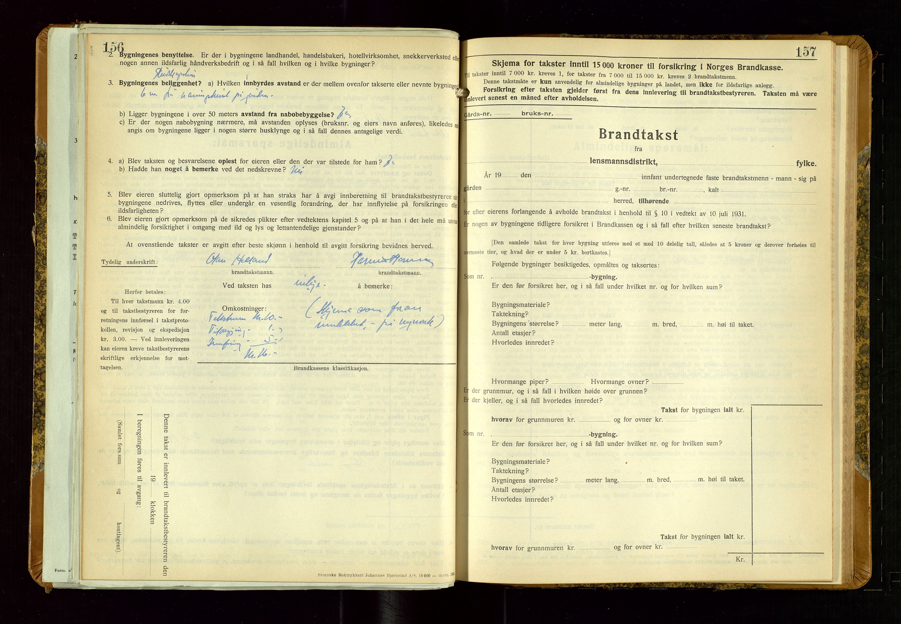 Sand lensmannskontor, AV/SAST-A-100415/Goc/L0002: "Brandtaxationsprotokol", 1936-1952, s. 156-157