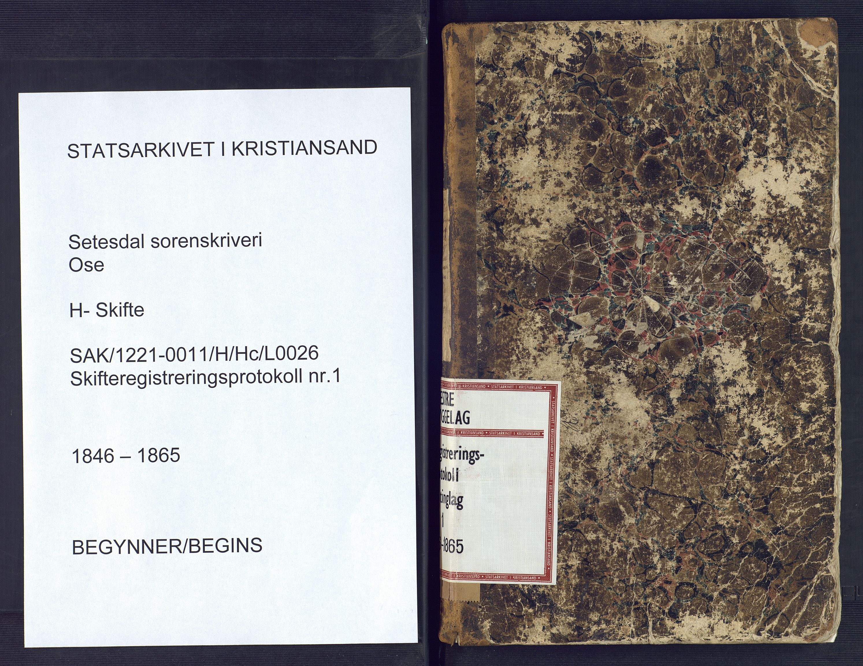 Setesdal sorenskriveri, SAK/1221-0011/H/Hc/L0026: Skifteregistreringsprotokoll nr 1 Ose tinglag med register, inneholder auksjoner fra 1860, 1846-1865