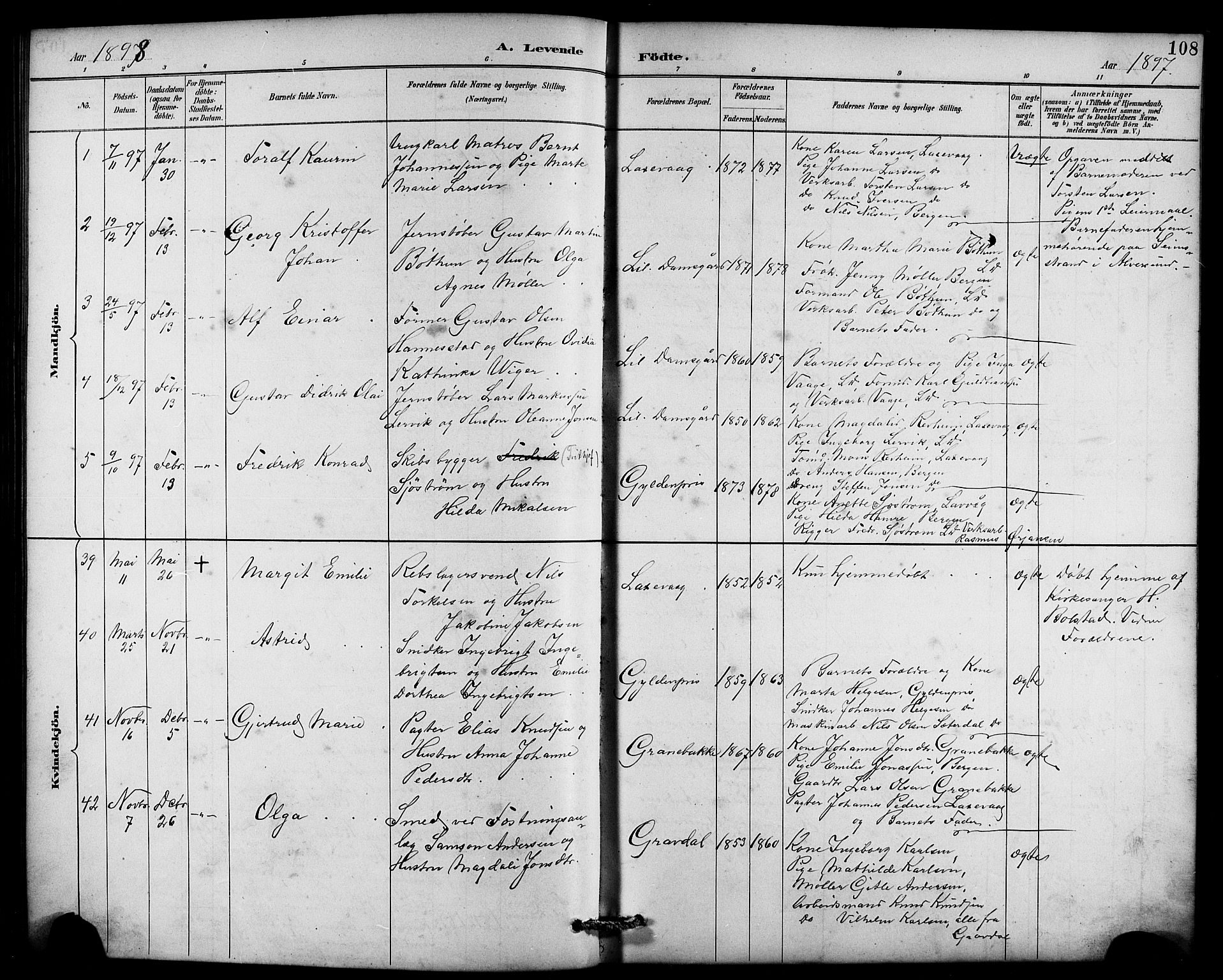 Laksevåg Sokneprestembete, AV/SAB-A-76501/H/Ha/Hab/Haba/L0003: Klokkerbok nr. A 3, 1887-1899, s. 108