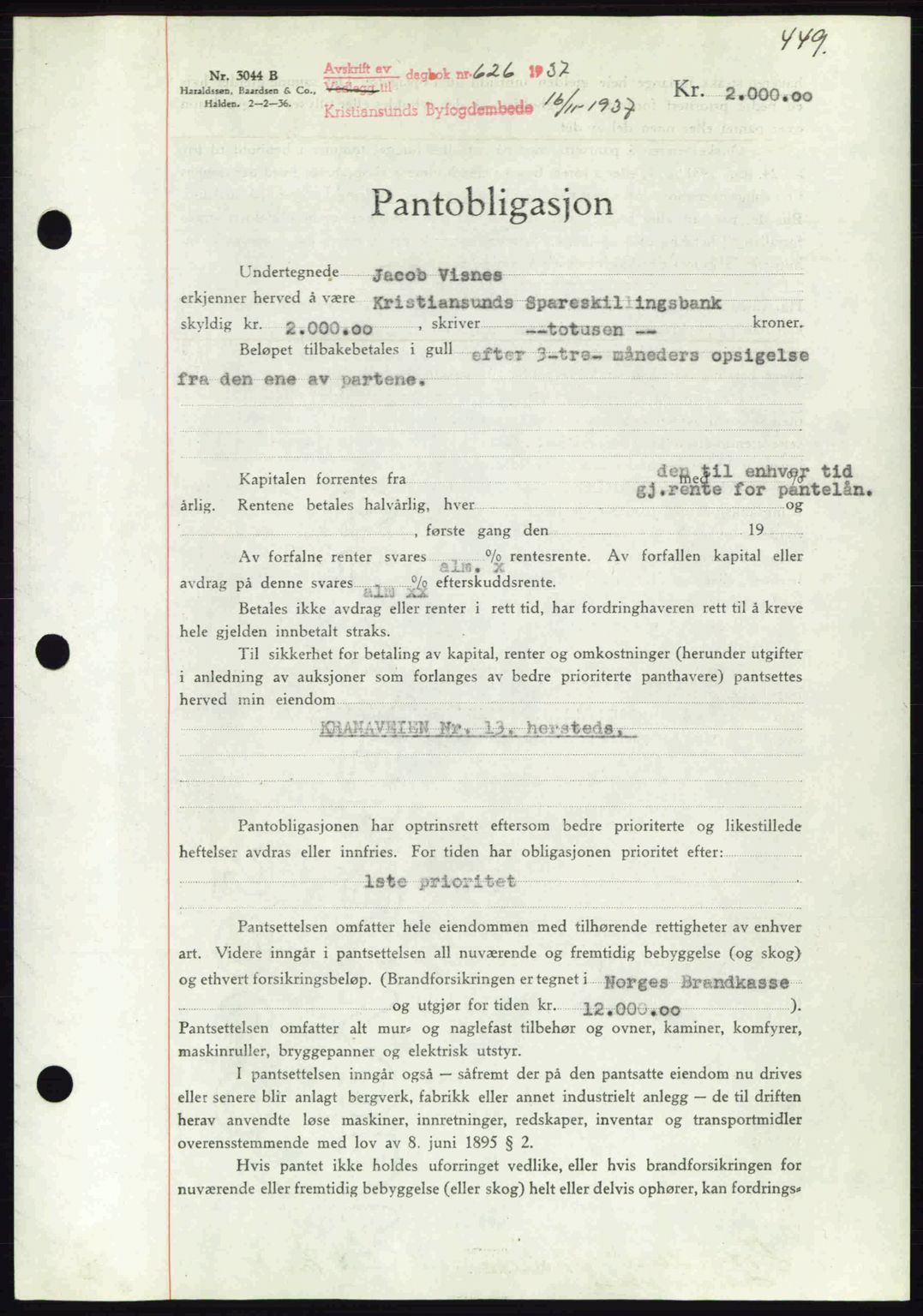 Kristiansund byfogd, AV/SAT-A-4587/A/27: Pantebok nr. 29, 1936-1937, Dagboknr: 626/1937