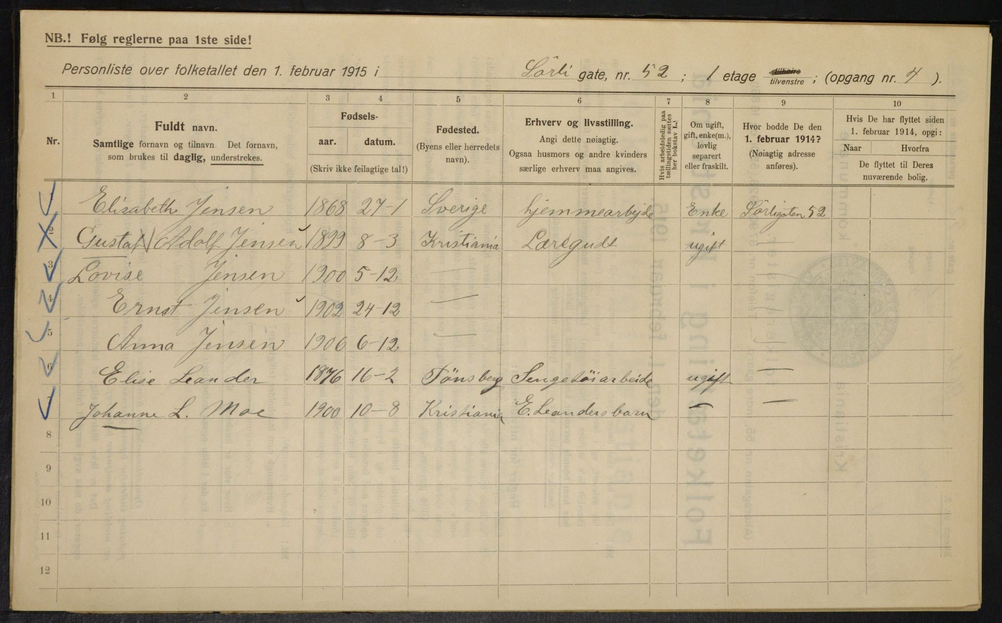 OBA, Kommunal folketelling 1.2.1915 for Kristiania, 1915, s. 107157