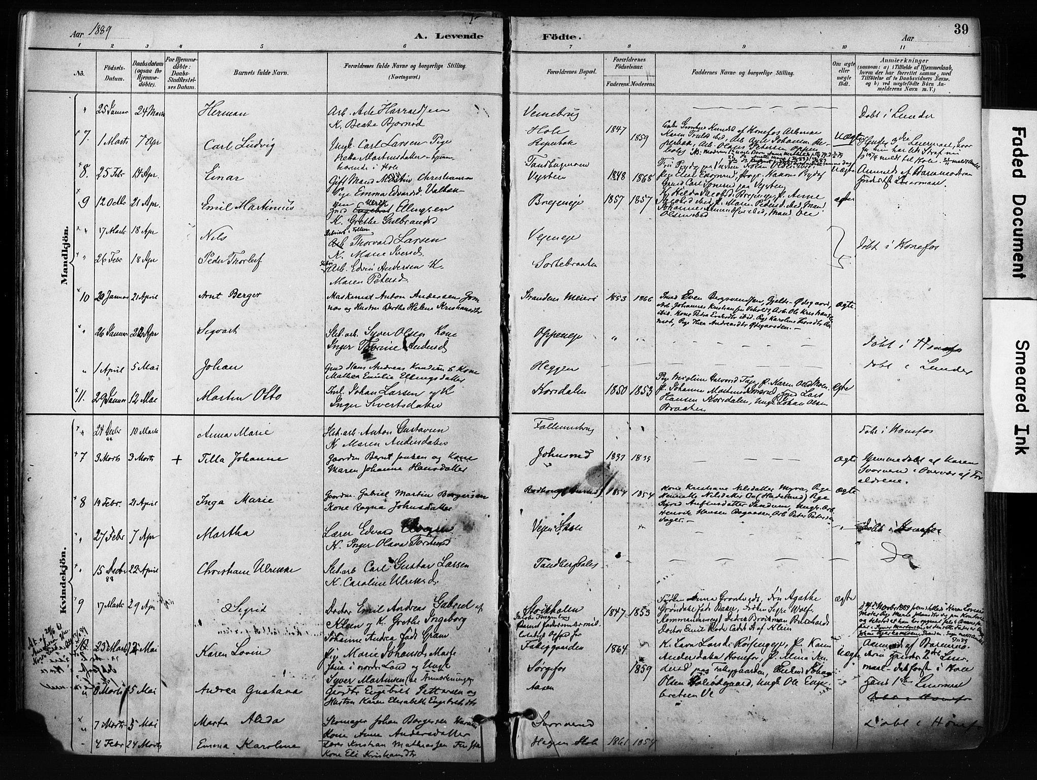 Norderhov kirkebøker, AV/SAKO-A-237/F/Fa/L0016: Ministerialbok nr. 16, 1885-1902, s. 39