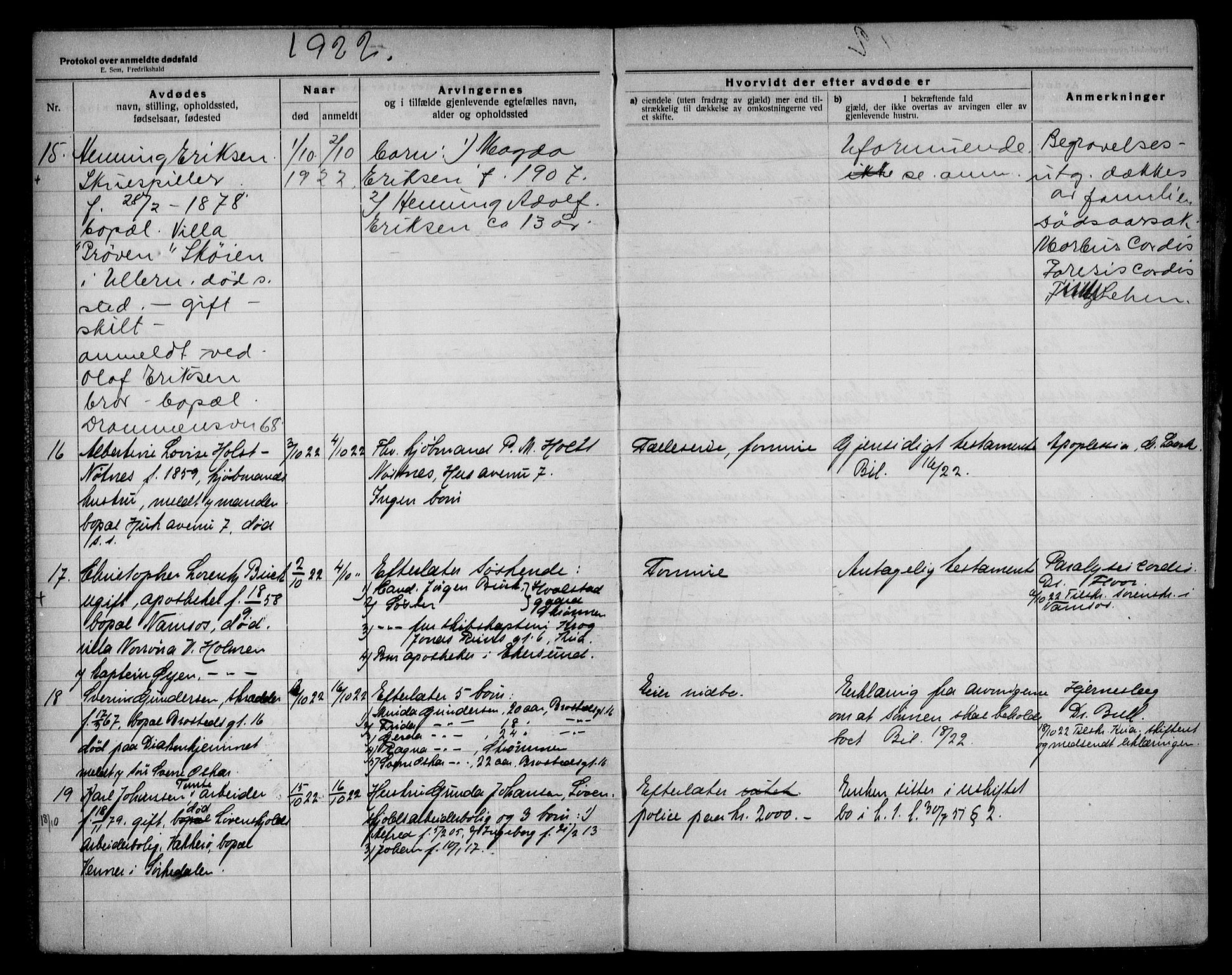 Aker kriminaldommer, skifte- og auksjonsforvalterembete, AV/SAO-A-10452/H/Hb/Hba/Hbae/L0001: Dødsfallsprotokoll for Ullern, 1922-1928