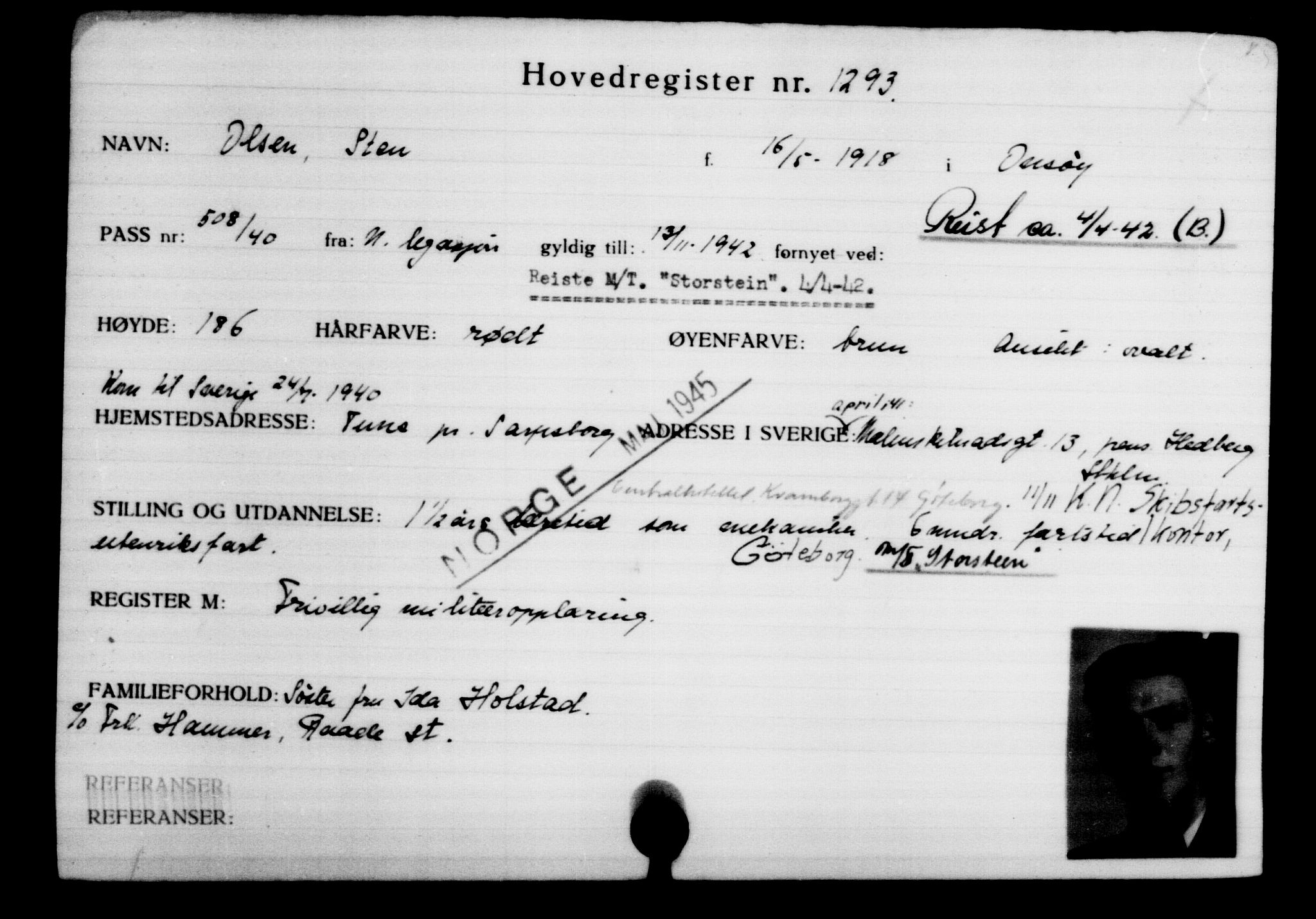 Utenriksstasjonene, Legasjonen i Stockholm, Flyktningkontoret, AV/RA-S-6753/V/Va/L0002: Kjesäterkartoteket, flyktninger med registreringsnr. 1001-2000, 1940-1945, s. 422