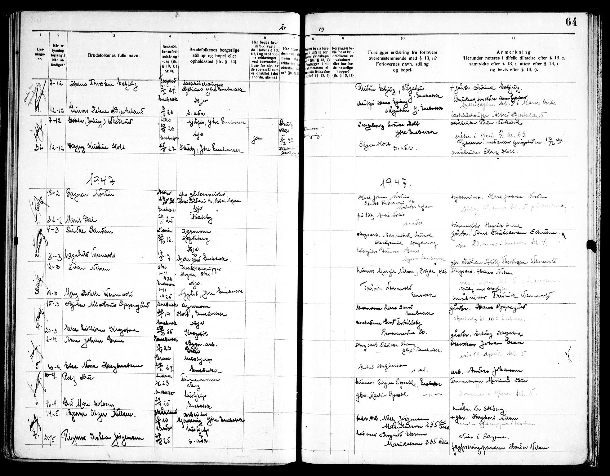 Enebakk prestekontor Kirkebøker, AV/SAO-A-10171c/H/Ha/L0001: Lysningsprotokoll nr. 1, 1919-1958, s. 64