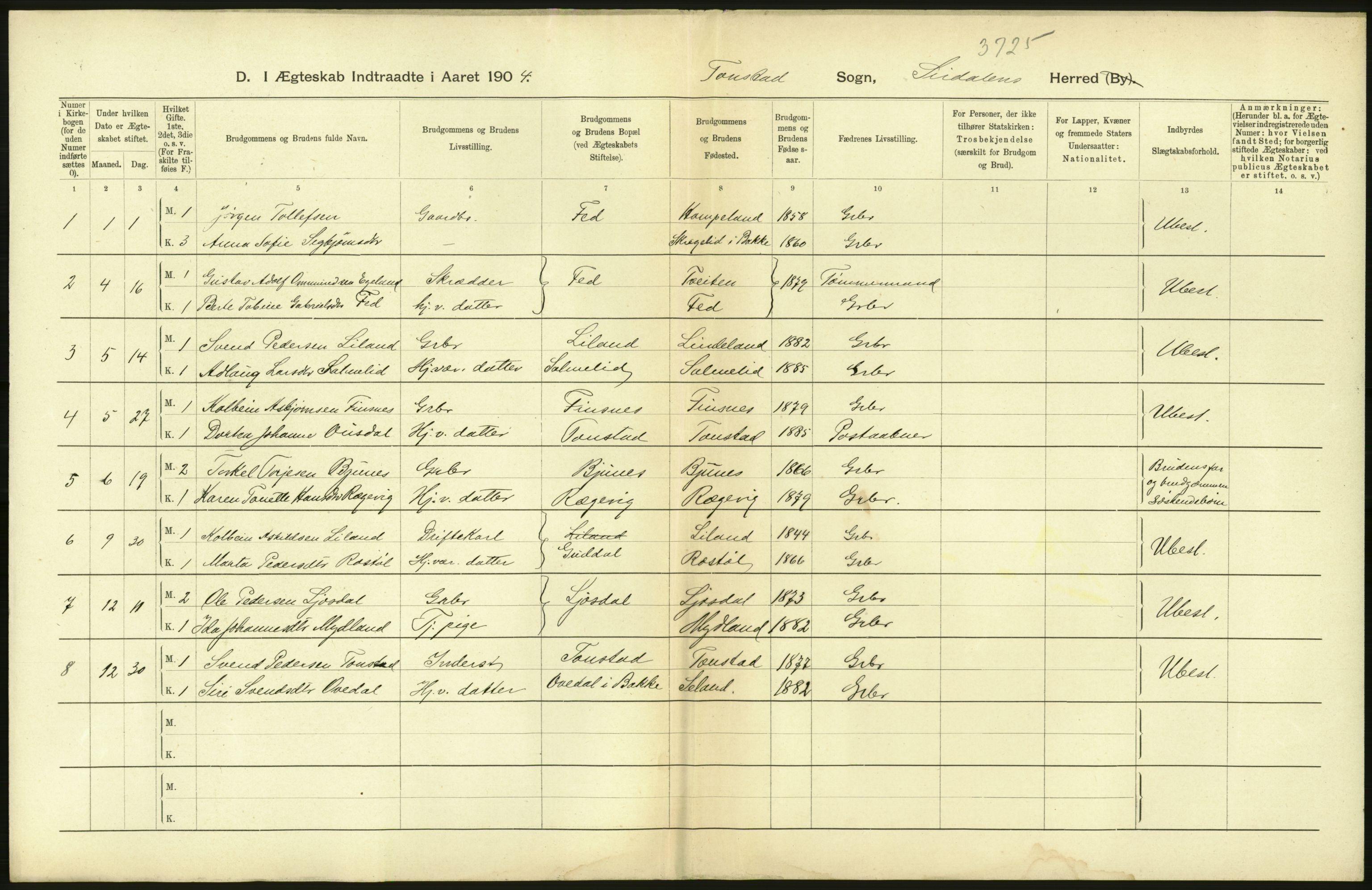Statistisk sentralbyrå, Sosiodemografiske emner, Befolkning, AV/RA-S-2228/D/Df/Dfa/Dfab/L0011: Lister og Mandals amt: Fødte, gifte, døde, 1904, s. 406
