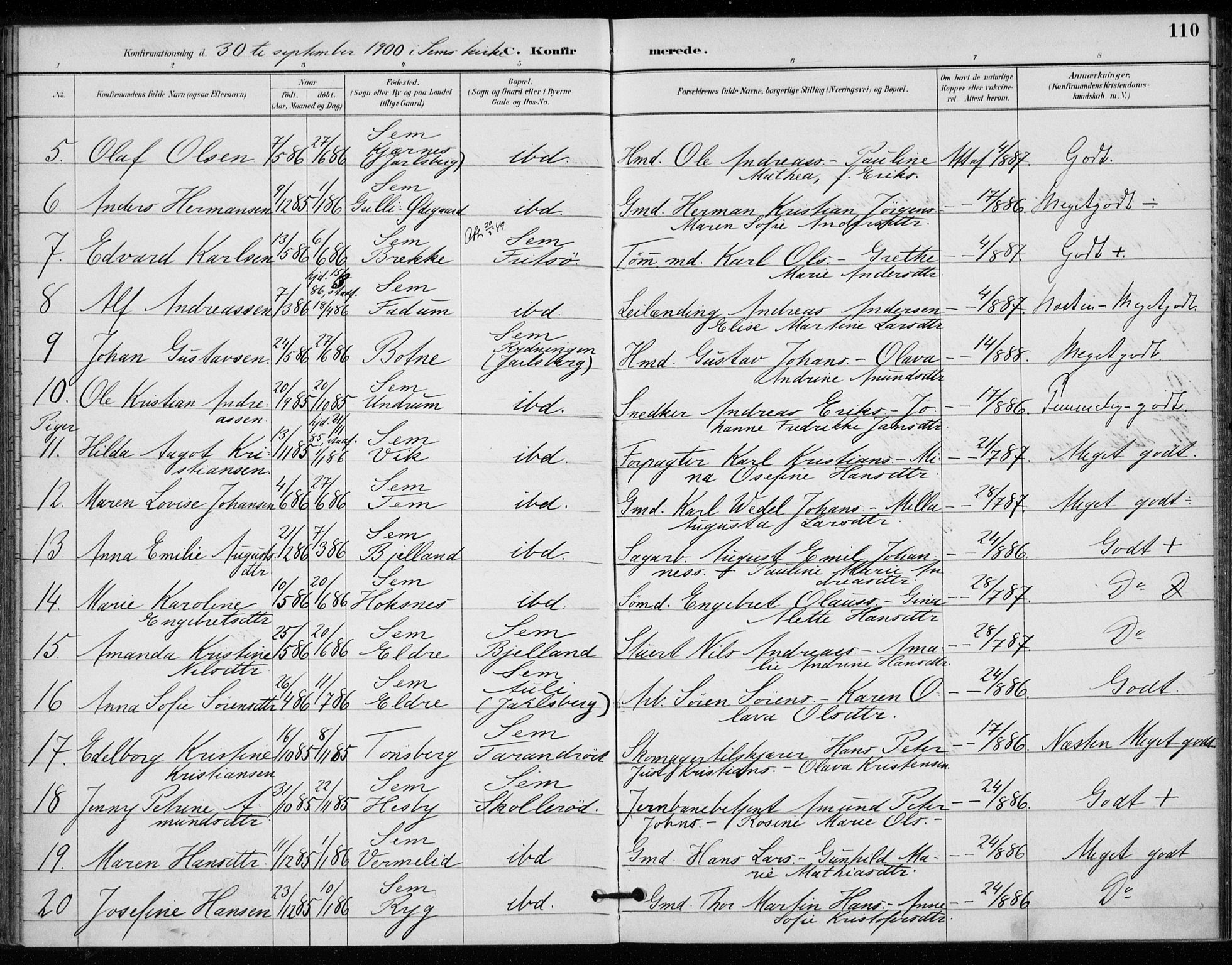 Sem kirkebøker, AV/SAKO-A-5/F/Fa/L0011: Ministerialbok nr. I 11, 1888-1904, s. 110