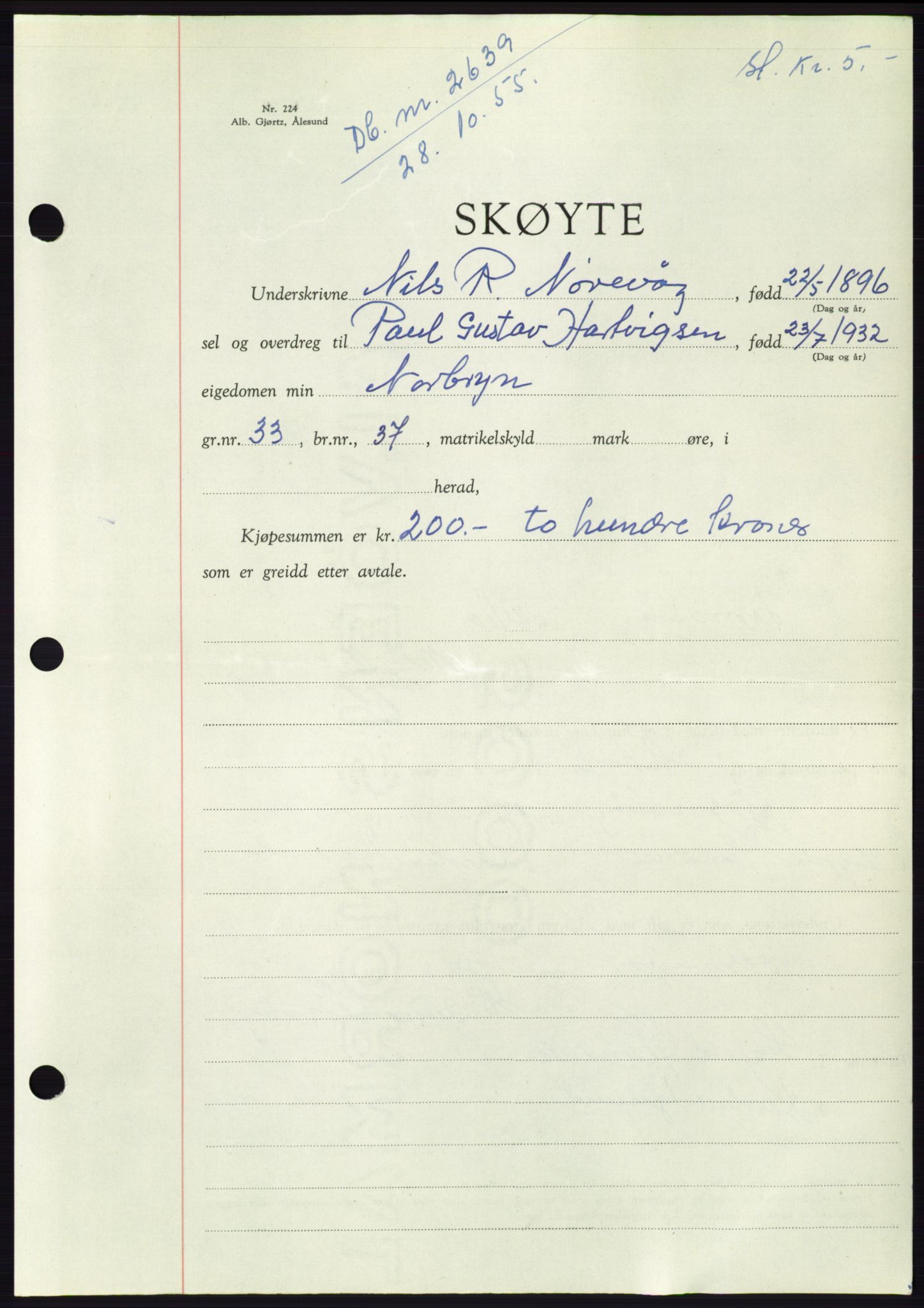 Søre Sunnmøre sorenskriveri, SAT/A-4122/1/2/2C/L0102: Pantebok nr. 28A, 1955-1956, Dagboknr: 2639/1955