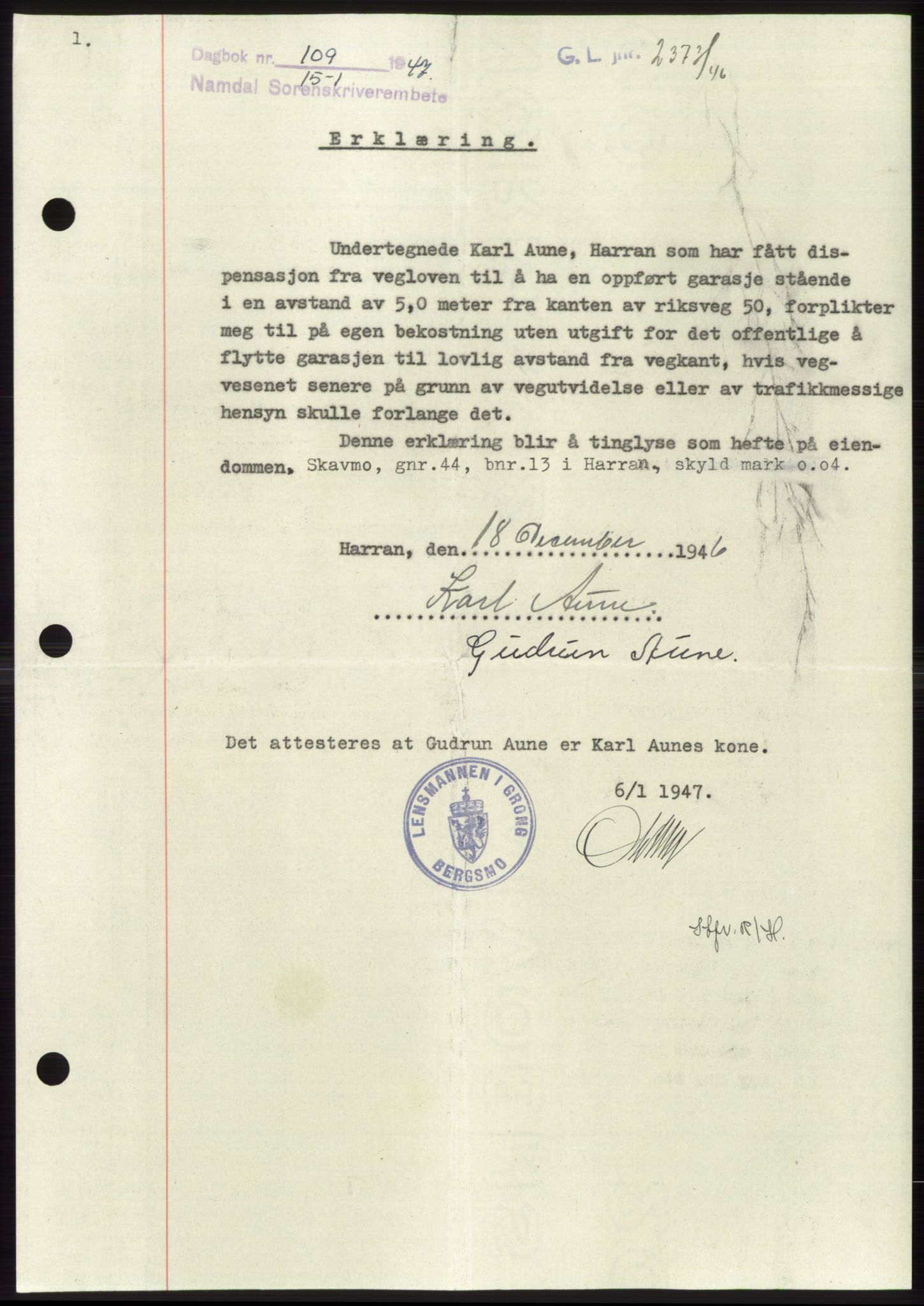 Namdal sorenskriveri, SAT/A-4133/1/2/2C: Pantebok nr. -, 1946-1947, Dagboknr: 109/1947