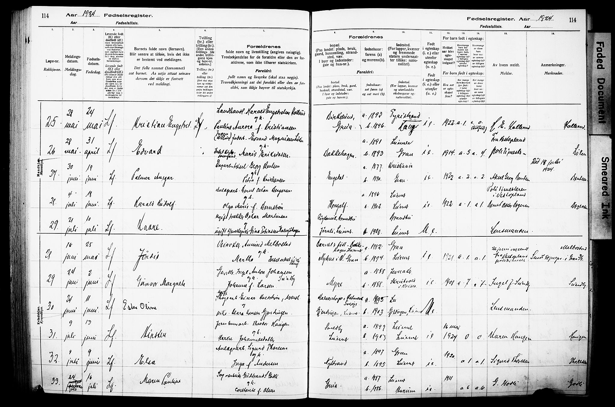 Lunner prestekontor, SAH/PREST-118/I/Id/L0001: Fødselsregister nr. 1, 1916-1932, s. 114