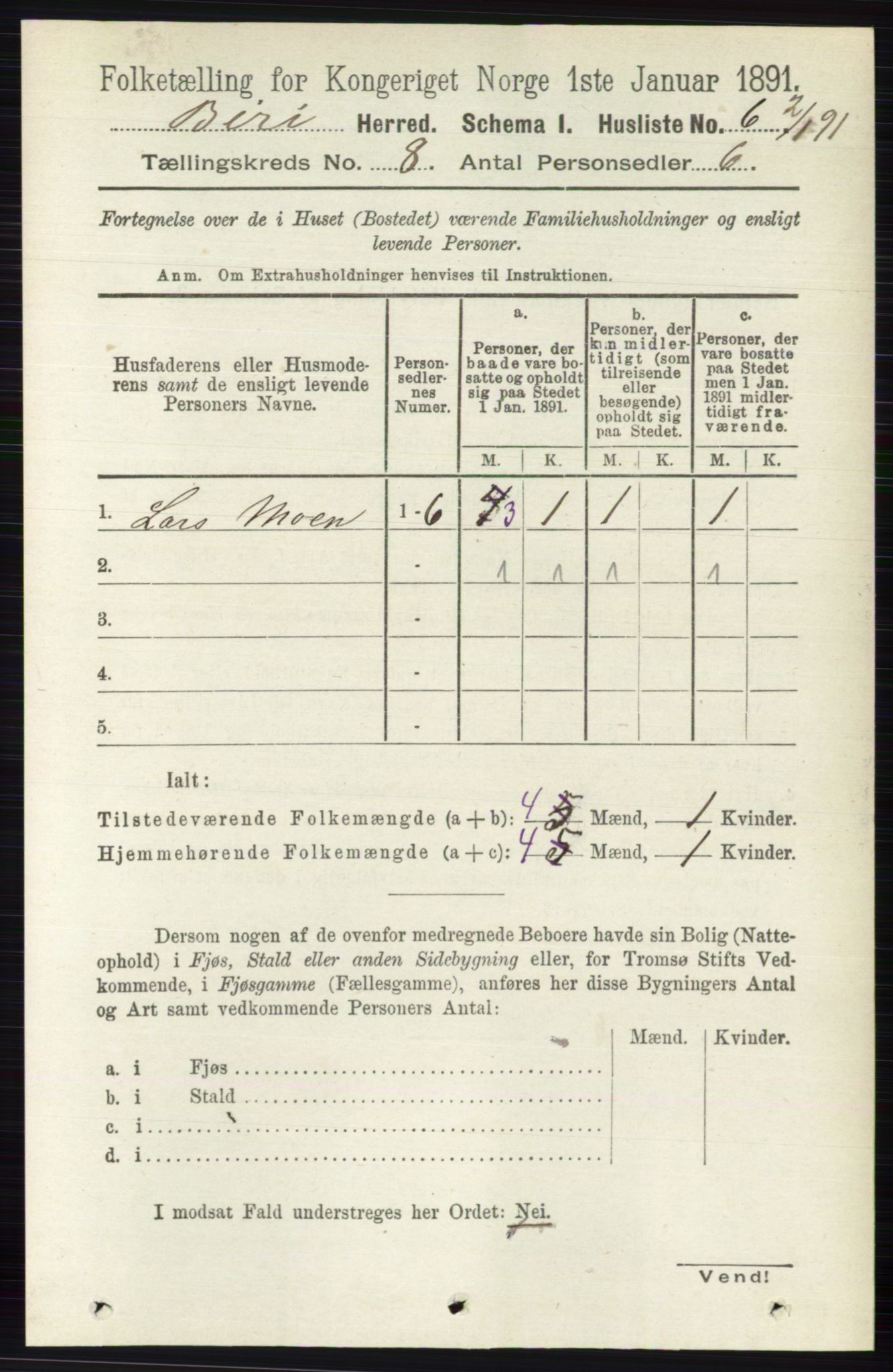 RA, Folketelling 1891 for 0525 Biri herred, 1891, s. 2842