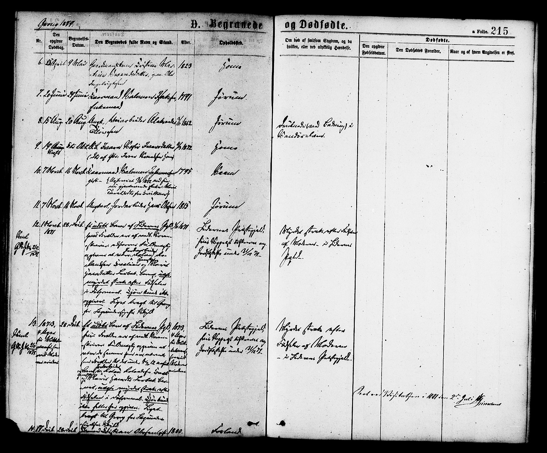 Ministerialprotokoller, klokkerbøker og fødselsregistre - Nord-Trøndelag, AV/SAT-A-1458/758/L0516: Ministerialbok nr. 758A03 /1, 1869-1879, s. 215
