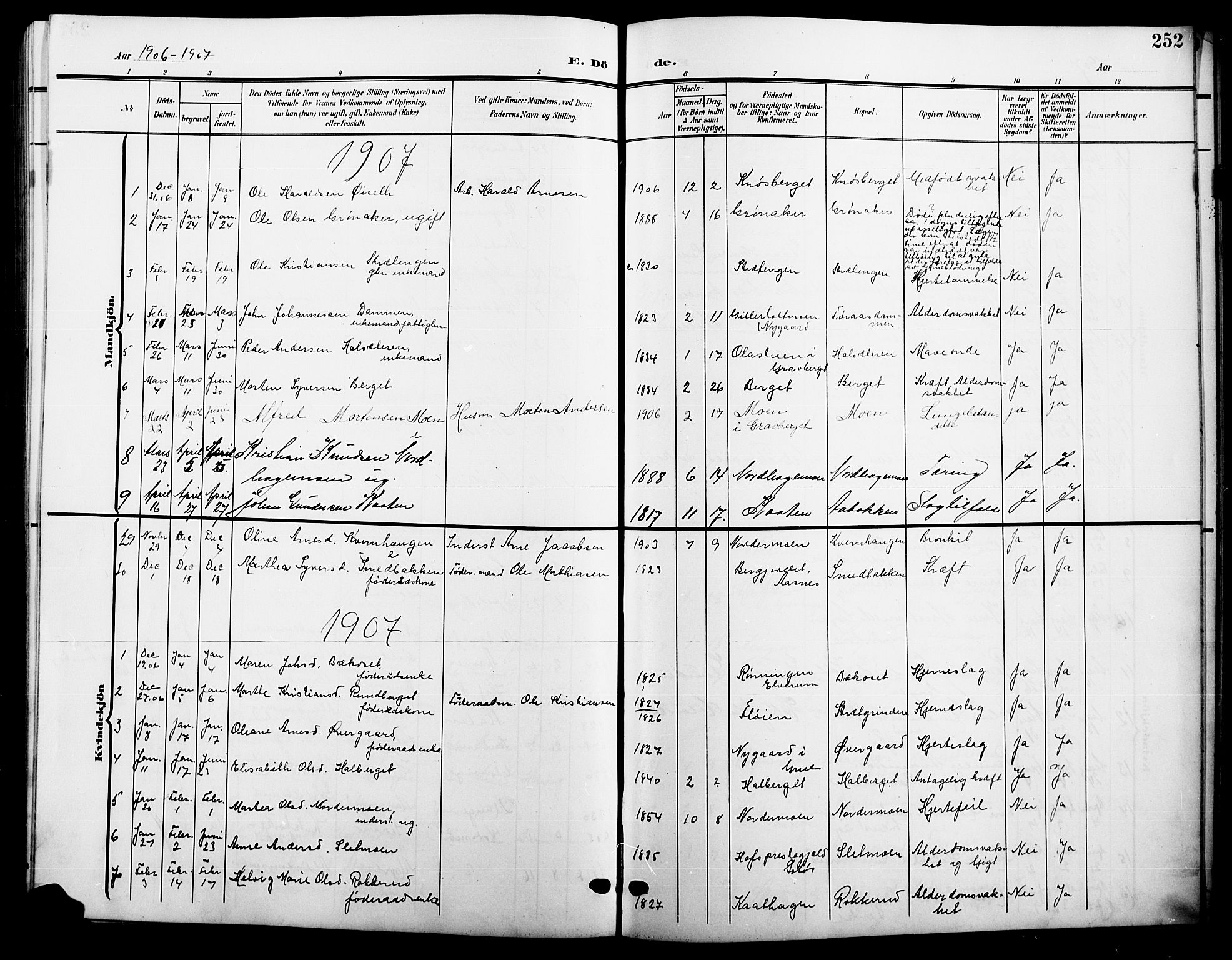 Våler prestekontor, Hedmark, AV/SAH-PREST-040/H/Ha/Hab/L0002: Klokkerbok nr. 2, 1905-1915, s. 252