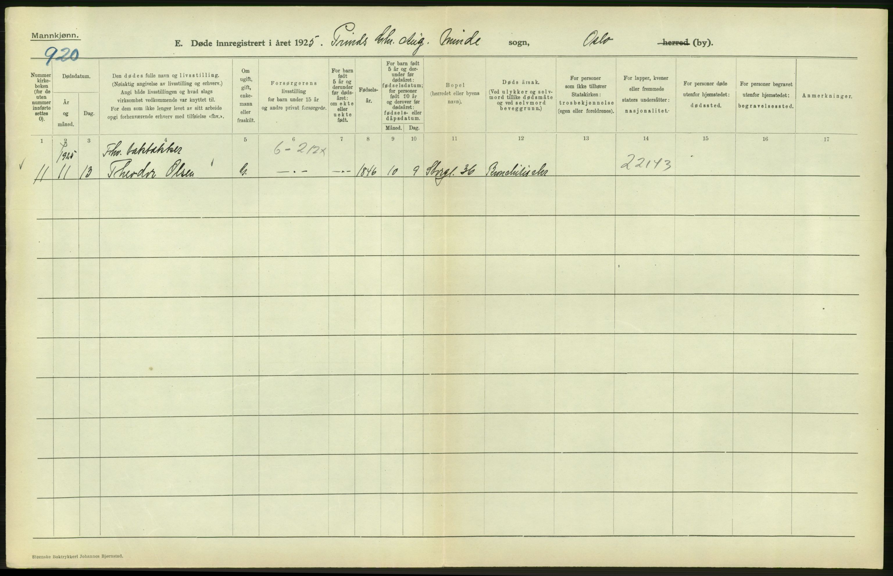 Statistisk sentralbyrå, Sosiodemografiske emner, Befolkning, AV/RA-S-2228/D/Df/Dfc/Dfce/L0009: Oslo: Døde menn, 1925, s. 430