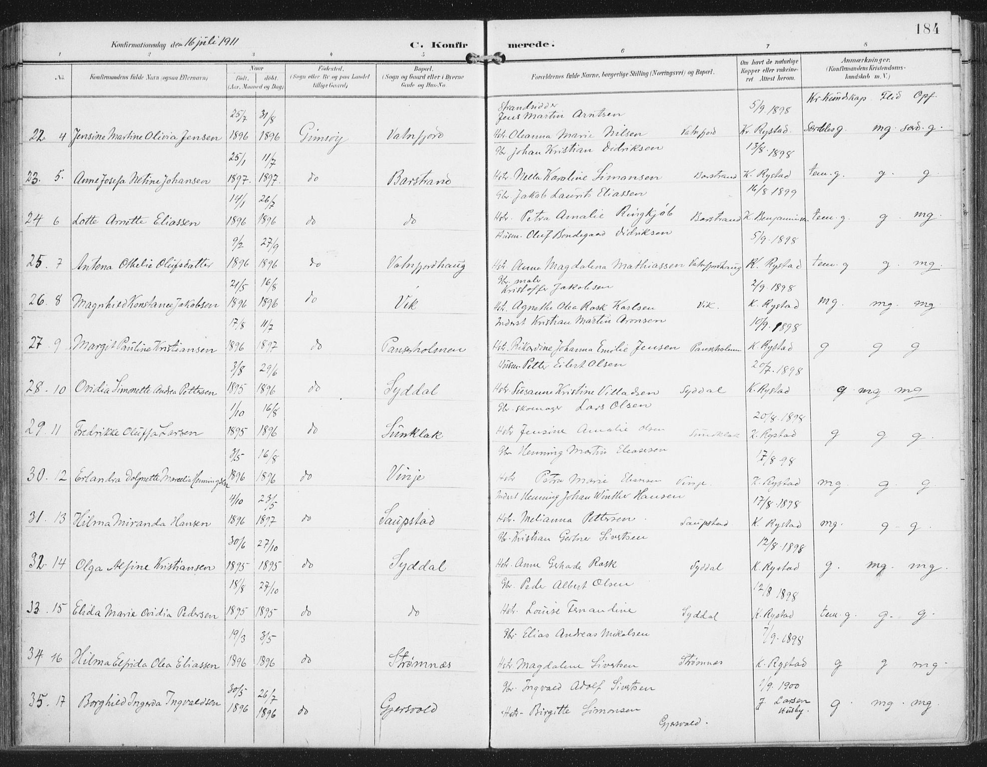 Ministerialprotokoller, klokkerbøker og fødselsregistre - Nordland, AV/SAT-A-1459/876/L1098: Ministerialbok nr. 876A04, 1896-1915, s. 184