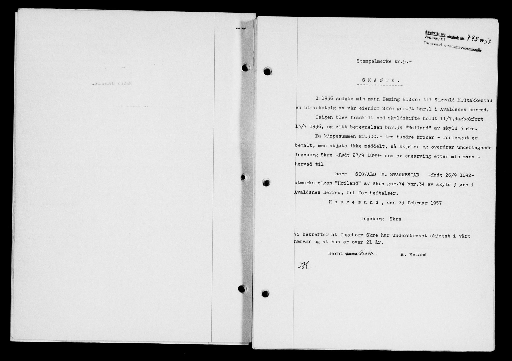 Karmsund sorenskriveri, SAST/A-100311/01/II/IIB/L0124: Pantebok nr. 104A, 1957-1957, Dagboknr: 795/1957