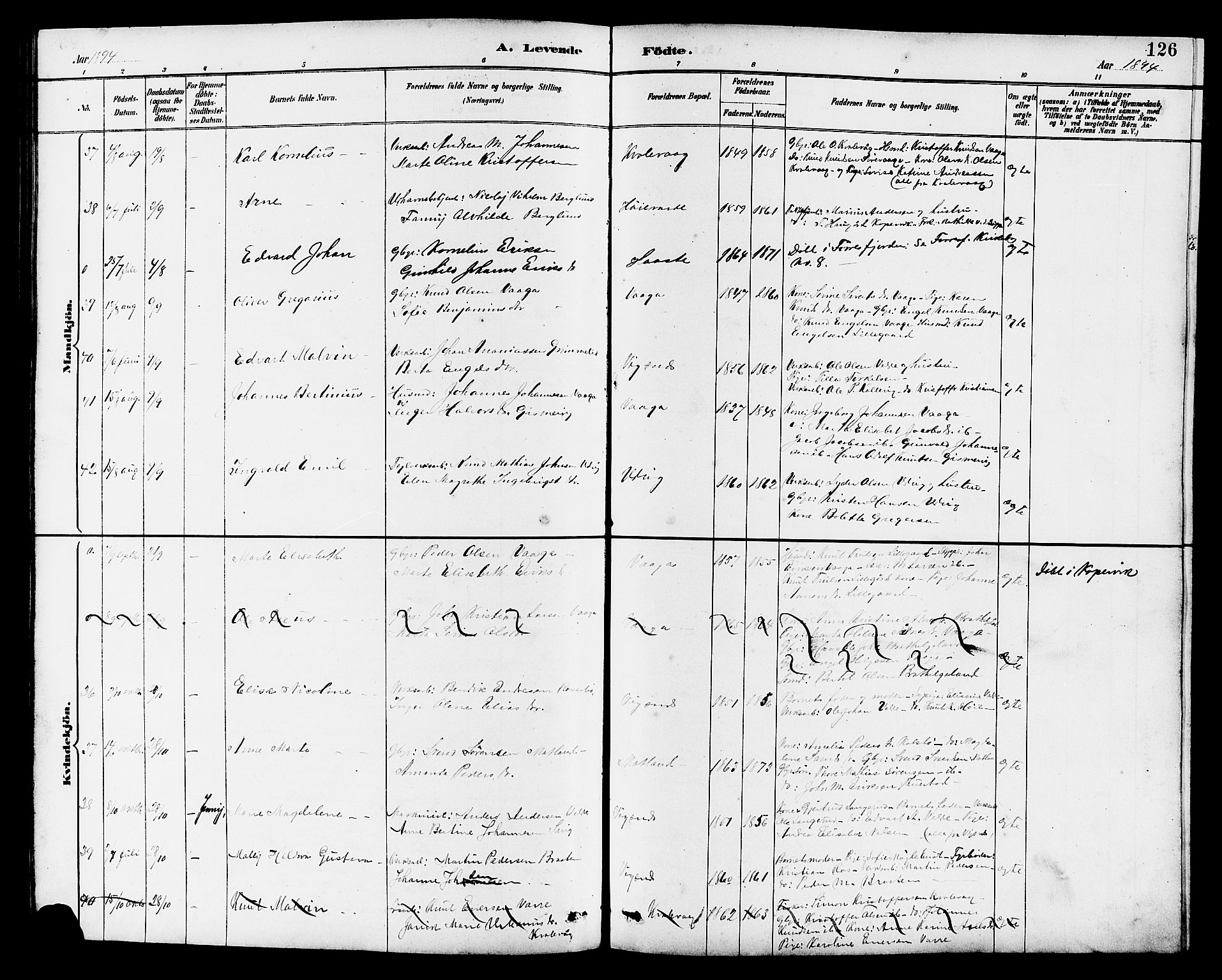 Avaldsnes sokneprestkontor, AV/SAST-A -101851/H/Ha/Hab/L0007: Klokkerbok nr. B 7, 1885-1909, s. 126