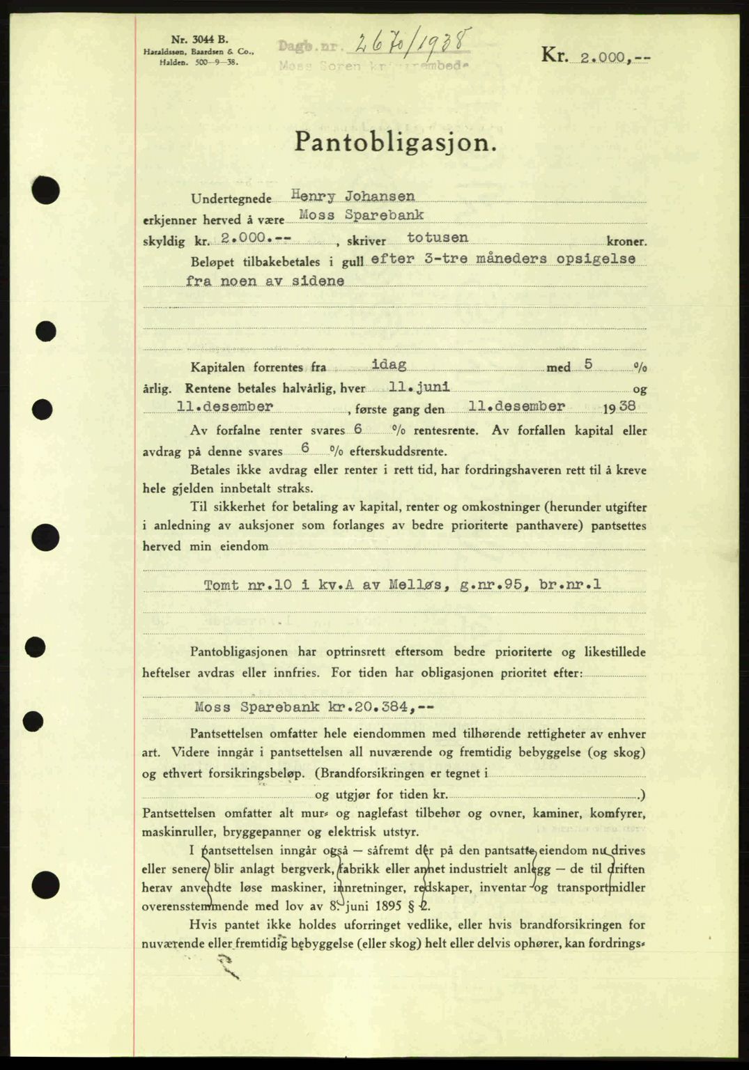 Moss sorenskriveri, SAO/A-10168: Pantebok nr. B6, 1938-1938, Dagboknr: 2670/1938