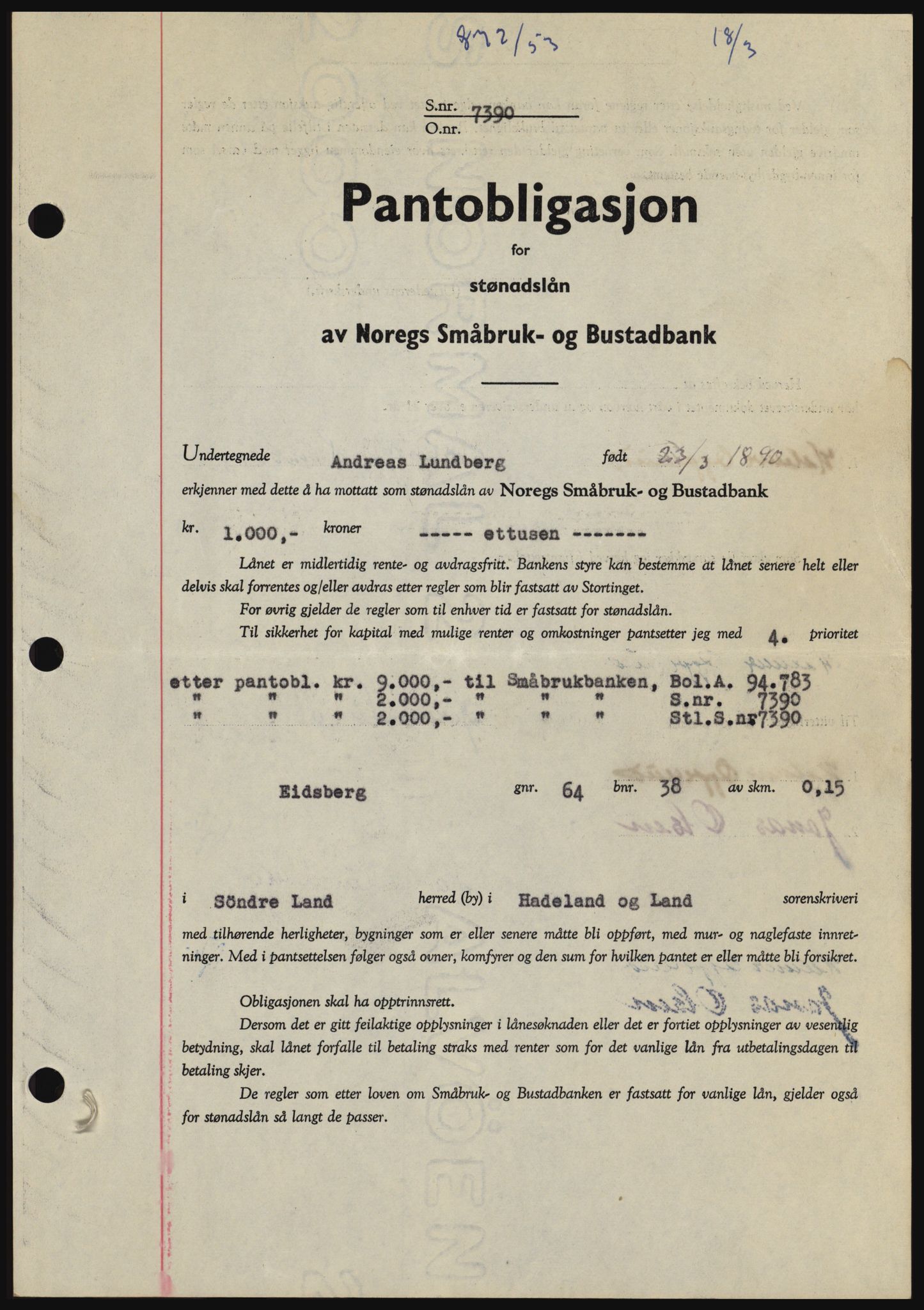 Hadeland og Land tingrett, SAH/TING-010/H/Hb/Hbc/L0026: Pantebok nr. B26, 1953-1953, Dagboknr: 872/1953