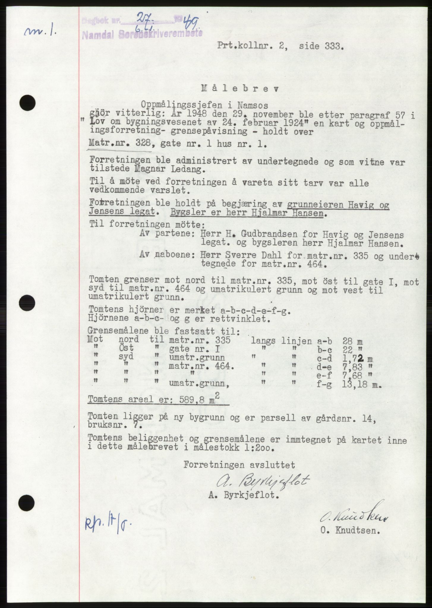 Namdal sorenskriveri, SAT/A-4133/1/2/2C: Pantebok nr. -, 1949-1949, Dagboknr: 27/1949