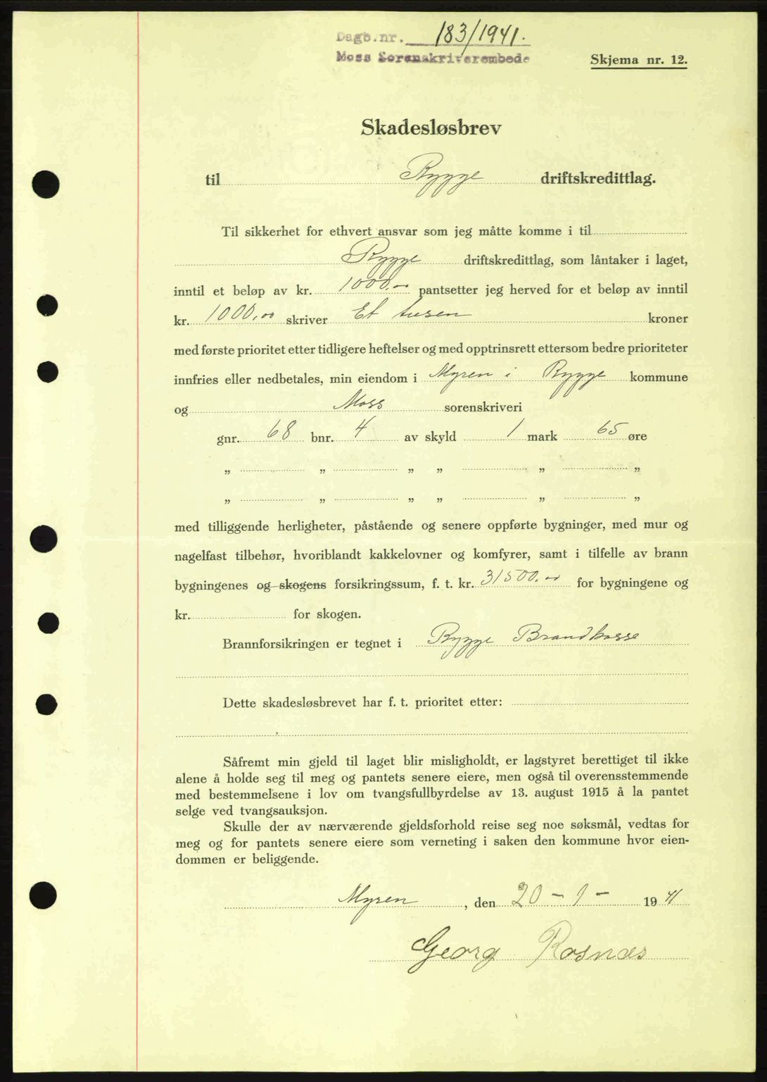 Moss sorenskriveri, SAO/A-10168: Pantebok nr. B10, 1940-1941, Dagboknr: 183/1941